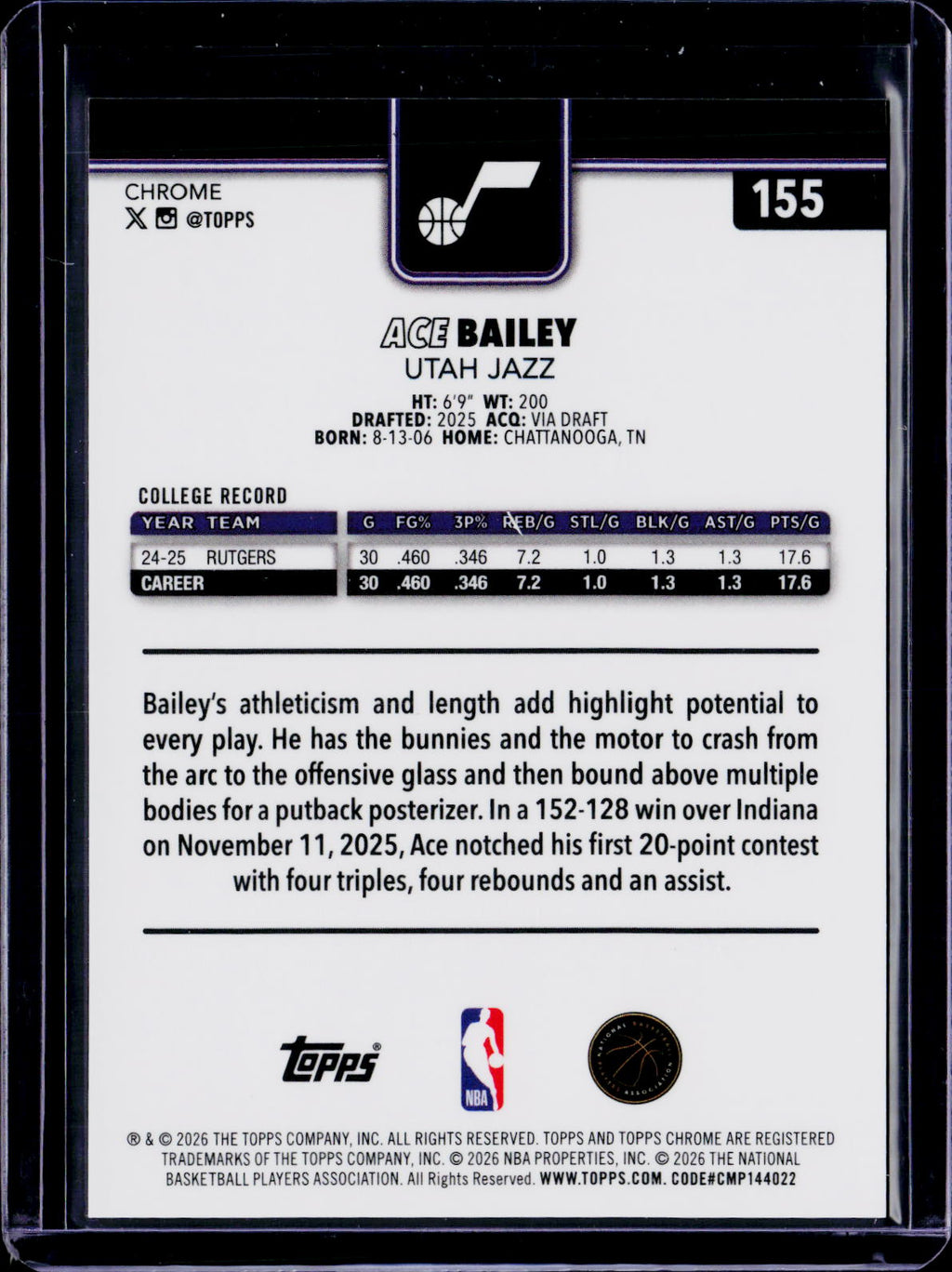 2025-26 Topps Chrome Update Ace Bailey Image Variation Green Speckle /99