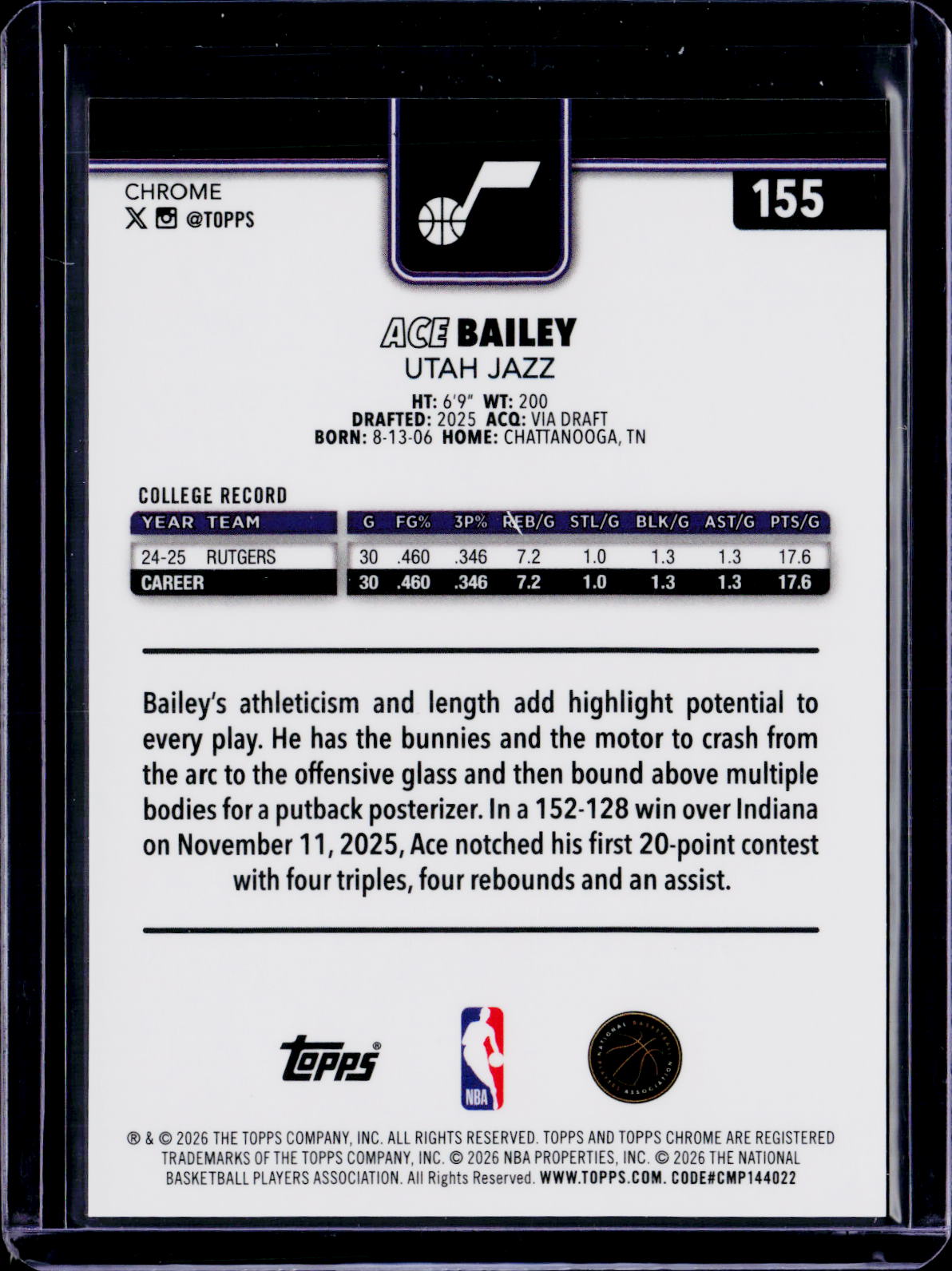 2025-26 Topps Chrome Update Ace Bailey Image Variation Green Speckle /99