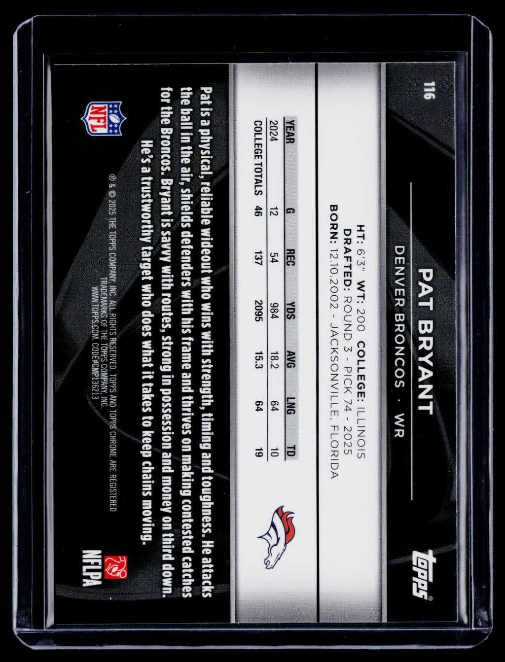 2025 Topps Chrome Black Pat Bryant Rookie Gold Refractor 26/50 RC