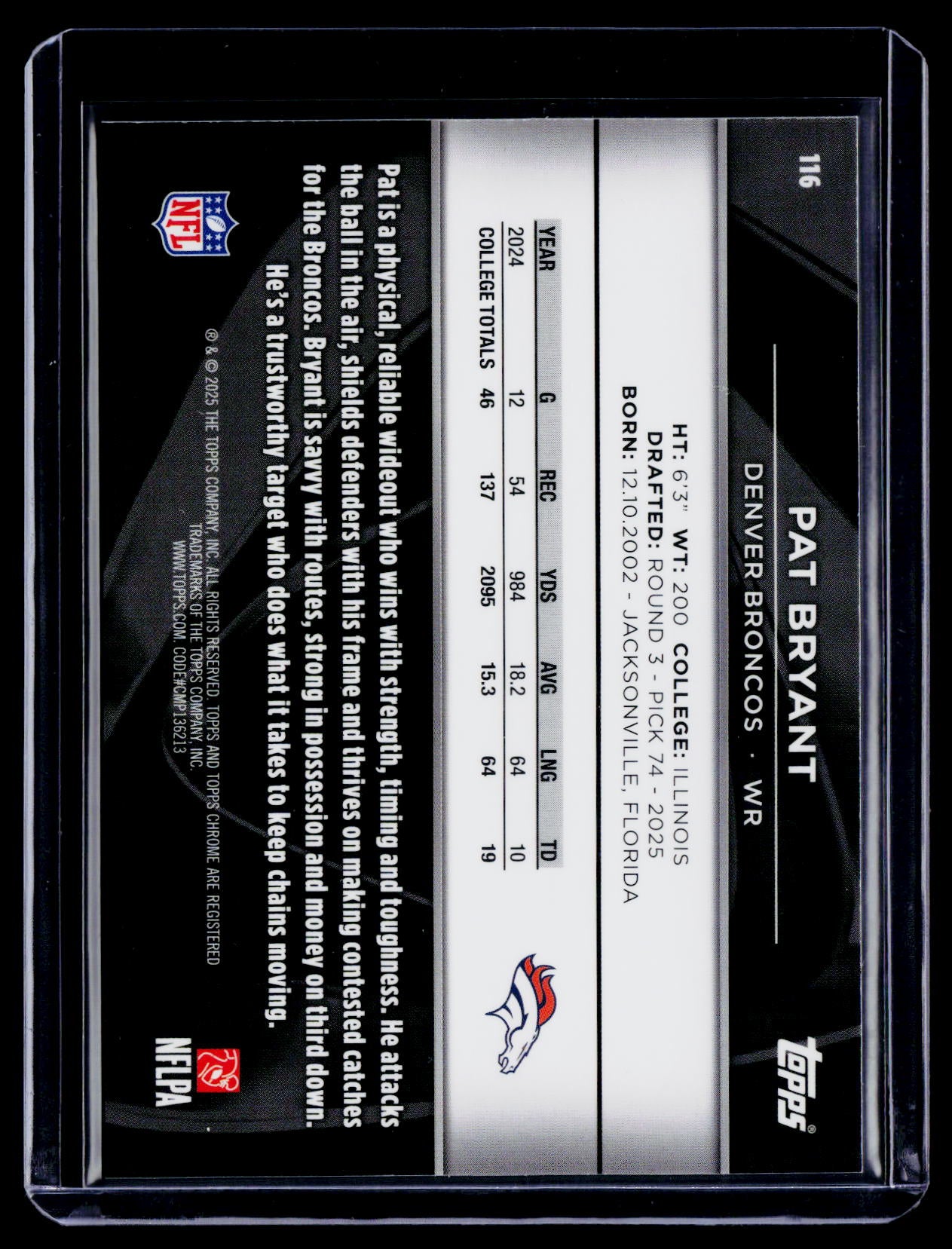 2025 Topps Chrome Black Pat Bryant Rookie Gold Refractor 26/50 RC