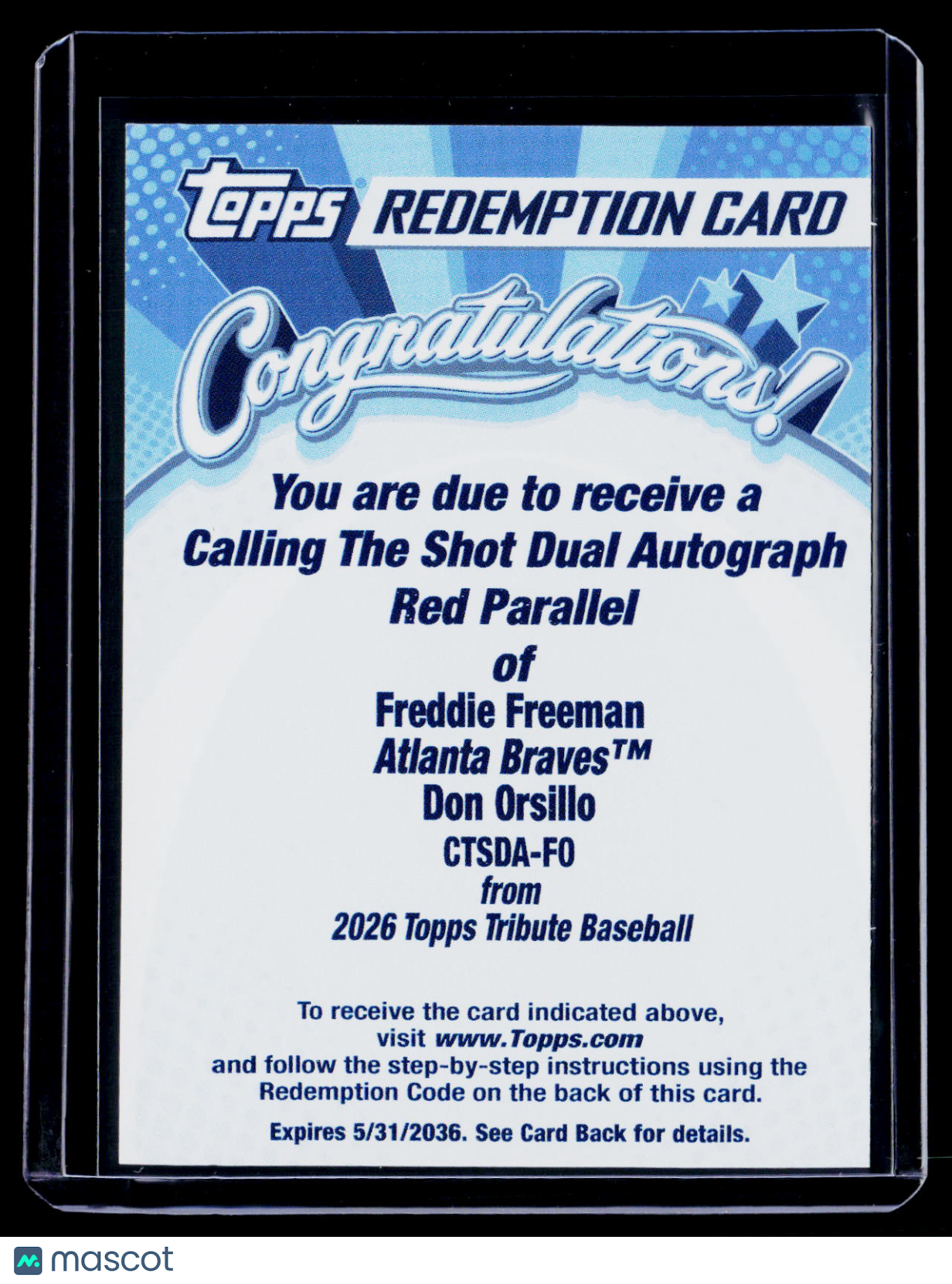 2026 Topps Tribute Freddie Freeman Calling the Shot Dual Auto Red /5 REDEMPTION