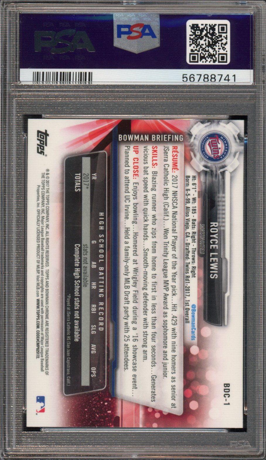 2017 Bowman Draft Royce Lewis Chrome PSA 10