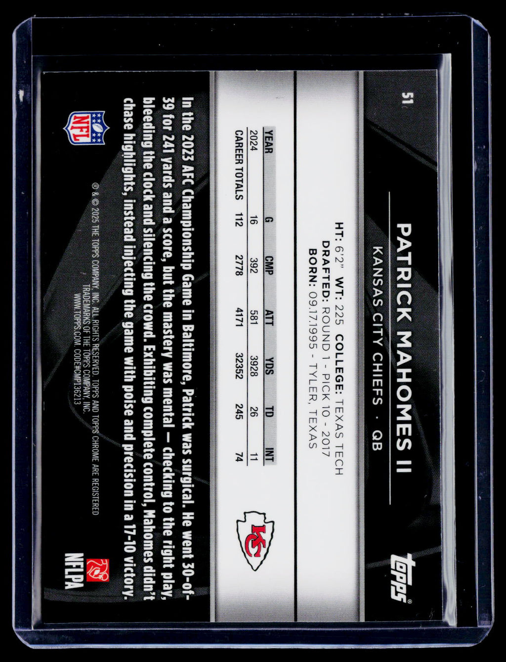 2025 Topps Chrome Black Patrick Mahomes Blue Wave 108/150