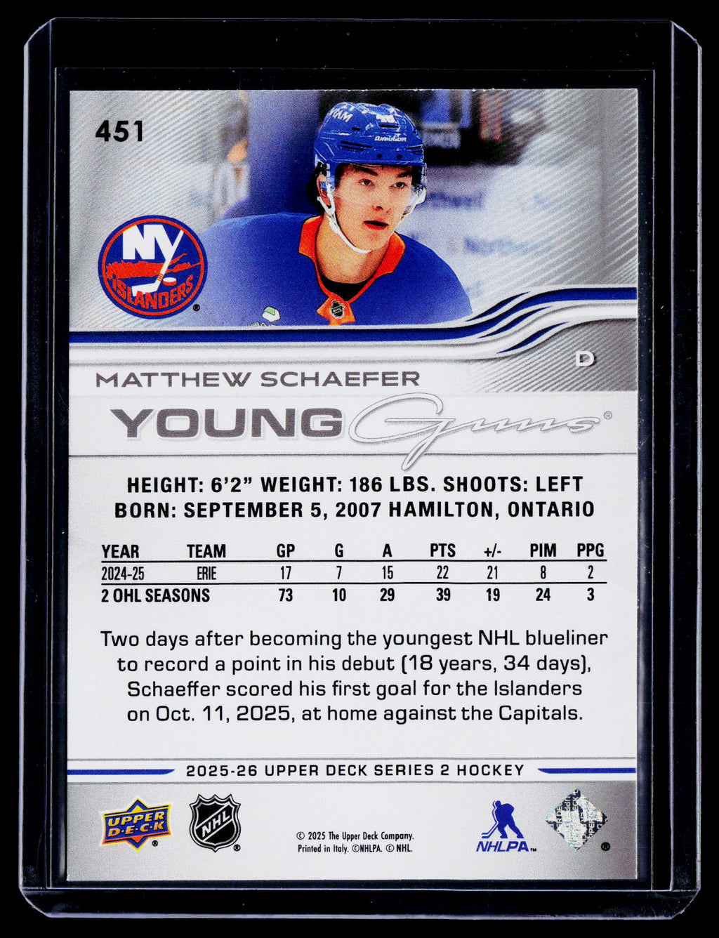 2025-26 Upper Deck Series 2 Matthew Schaefer Young Guns RC