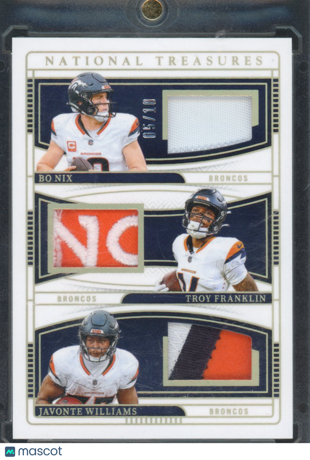 2024 Panini National Treasures Bo Nix / Troy Franklin / Javonte Williams Triple Patch 5/10