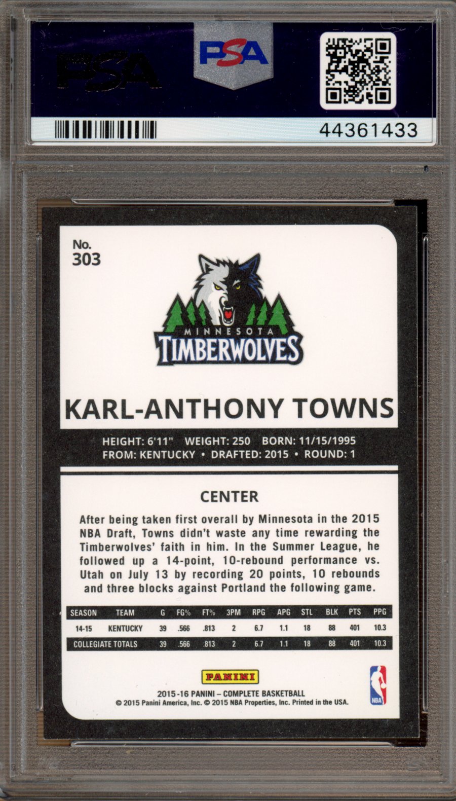 2015 Panini Complete Karl-Anthony Towns Rookie Silver PSA 9 RC