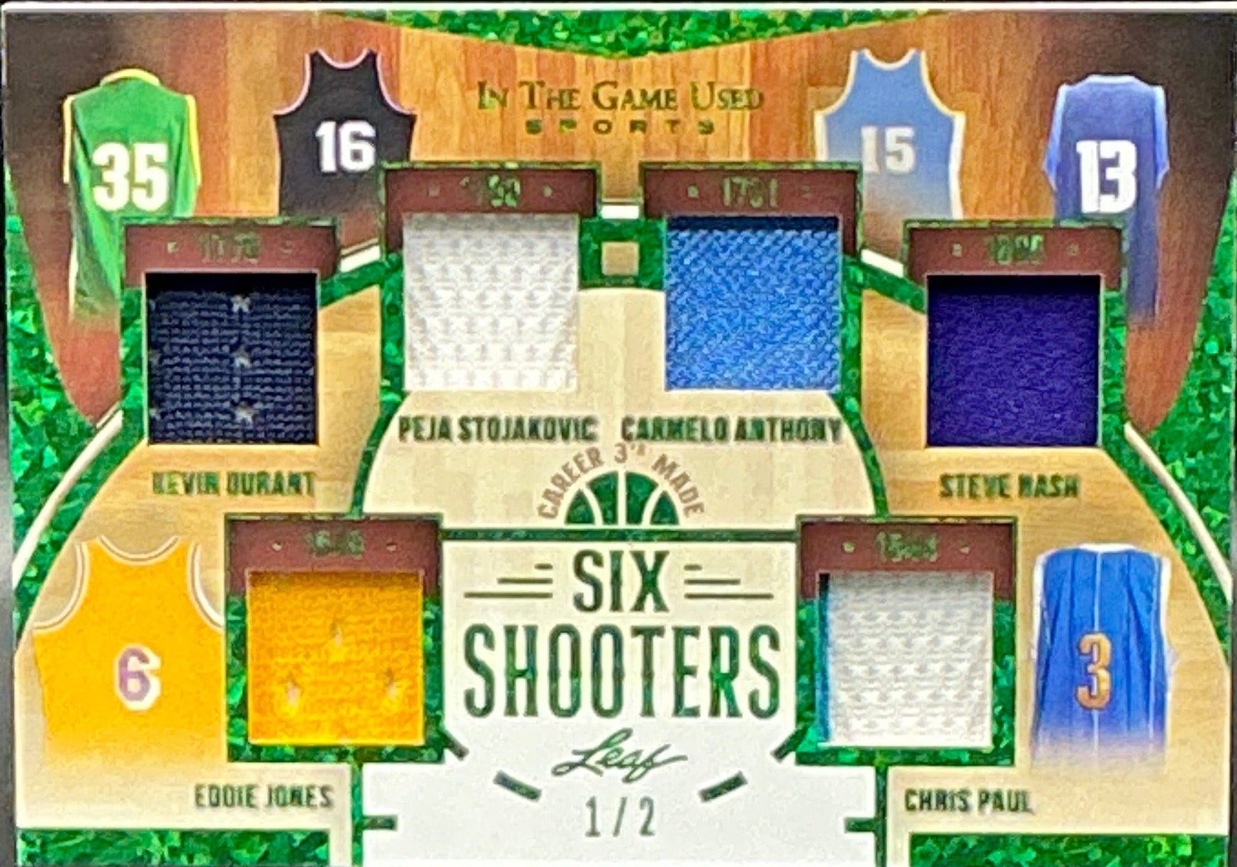 2022 Leaf Kevin Durant, Peja Stojakovic, Carmelo Anthony, Steve Nash, Eddie Jones, Chris Paul Six Shooters Patches 1/2