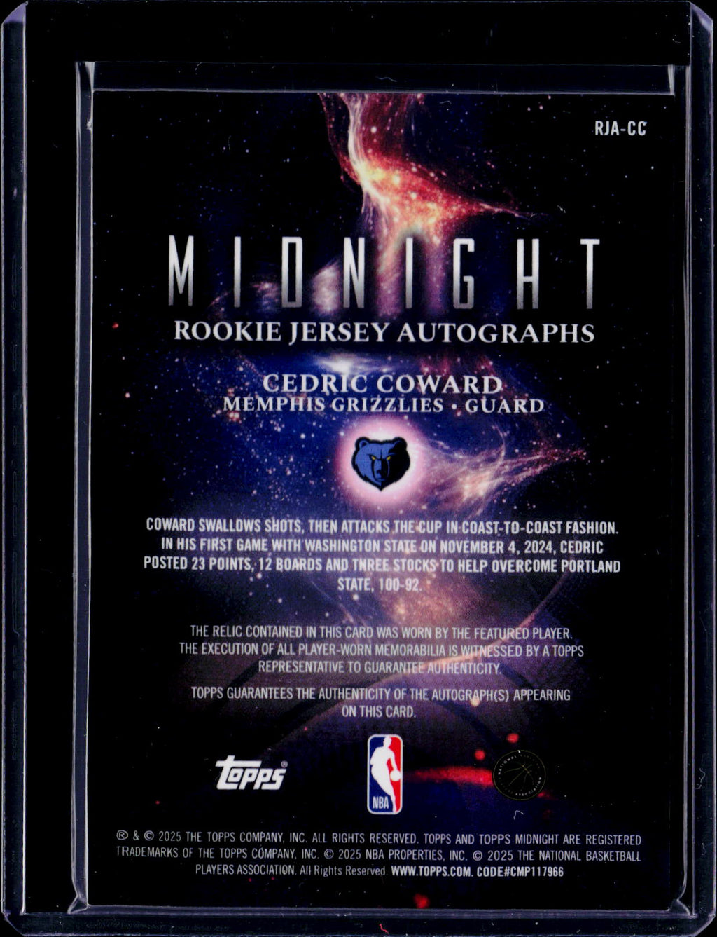 2025 Midnight Cedric Coward Rookie Jersey Auto RC