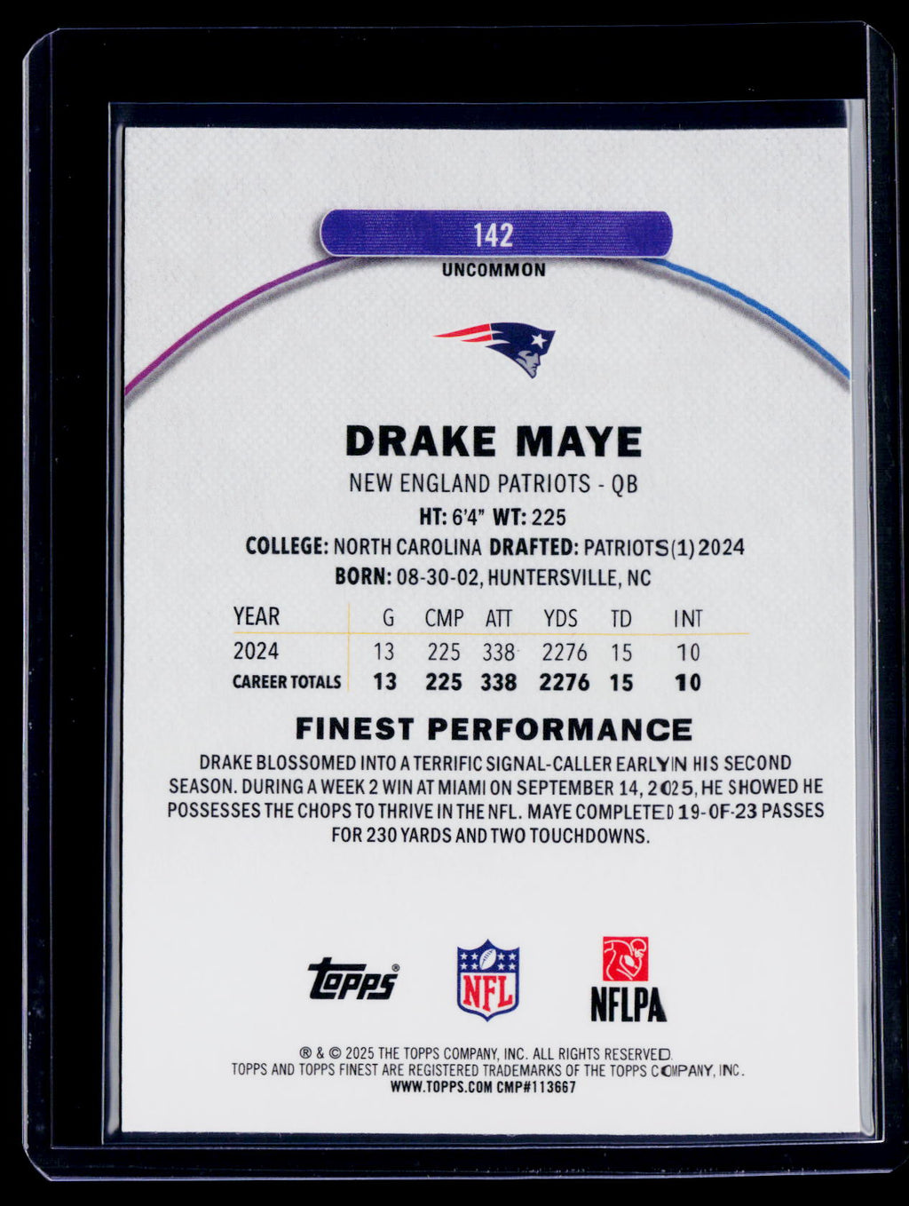 2025 Topps Finest Drake Maye Purple X-Fractor 54/99