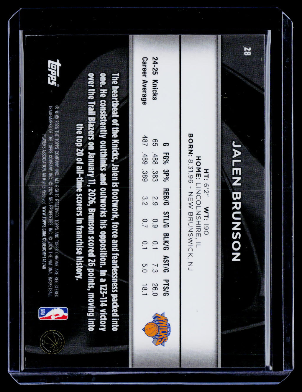 2025 Topps Chrome Black Jalen Brunson Blue Refractor 76/150