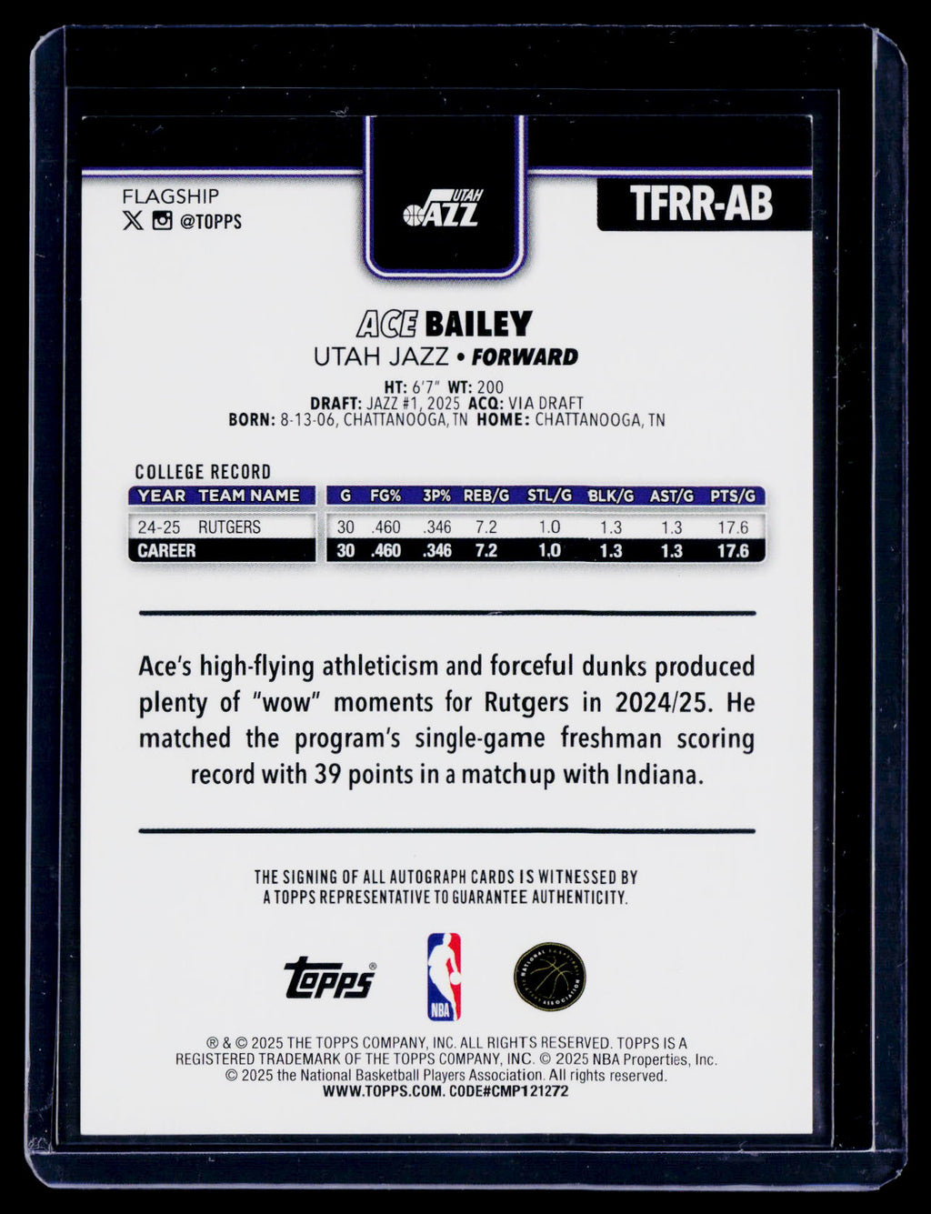 2025 Topps Flagship Ace Bailey Rookie Auto RC