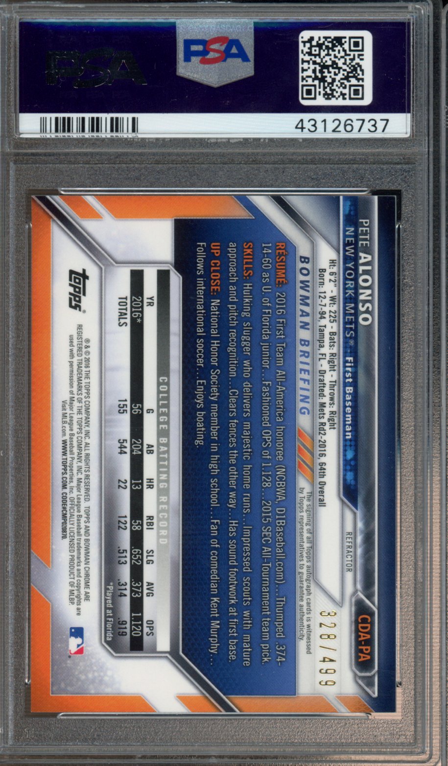 2016 Bowman Draft Pete Alonso Refractor Auto 328/499 PSA 10