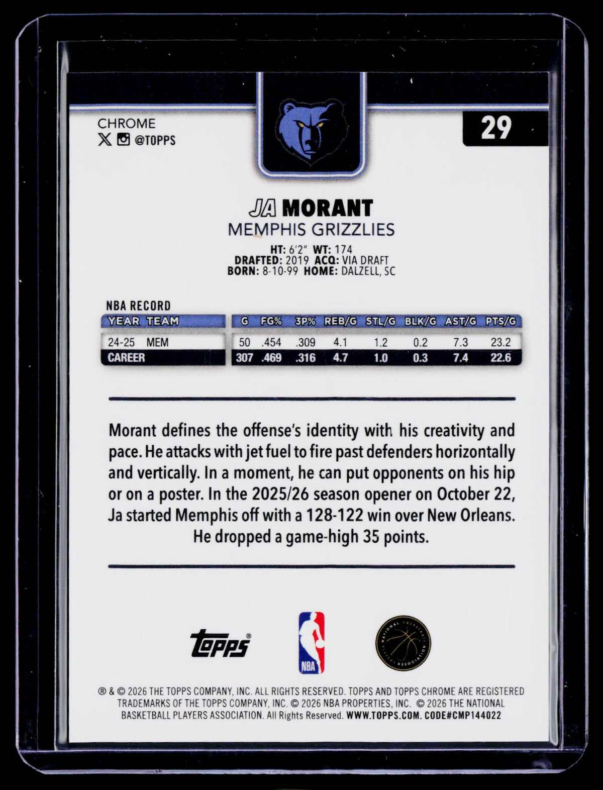 2025 Topps Chrome Black Ja Morant Purple Geometric 66/75