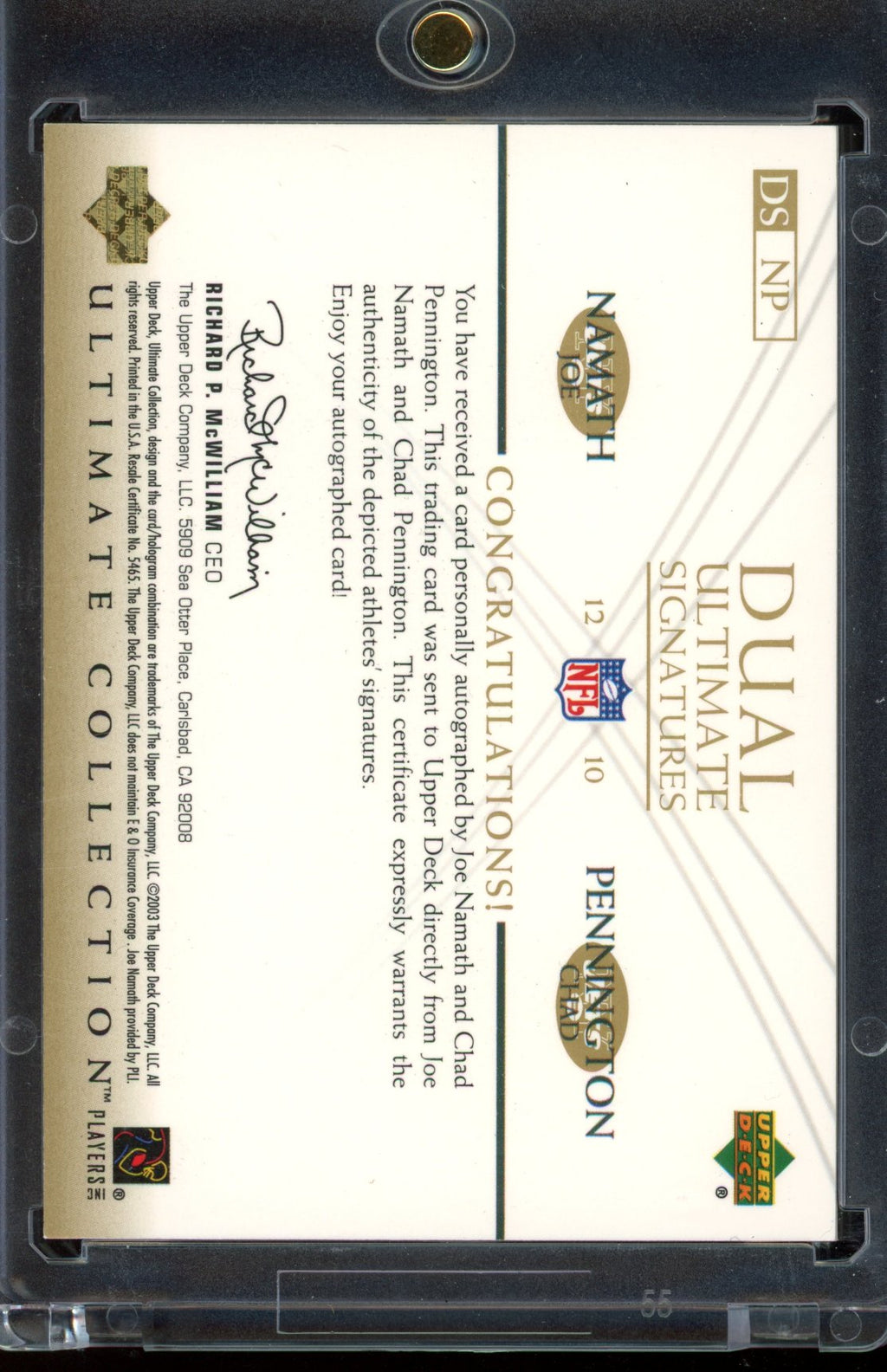 2003 Ultimate Joe Namath Chad Pennington Ultimate Signatures Auto 07/10