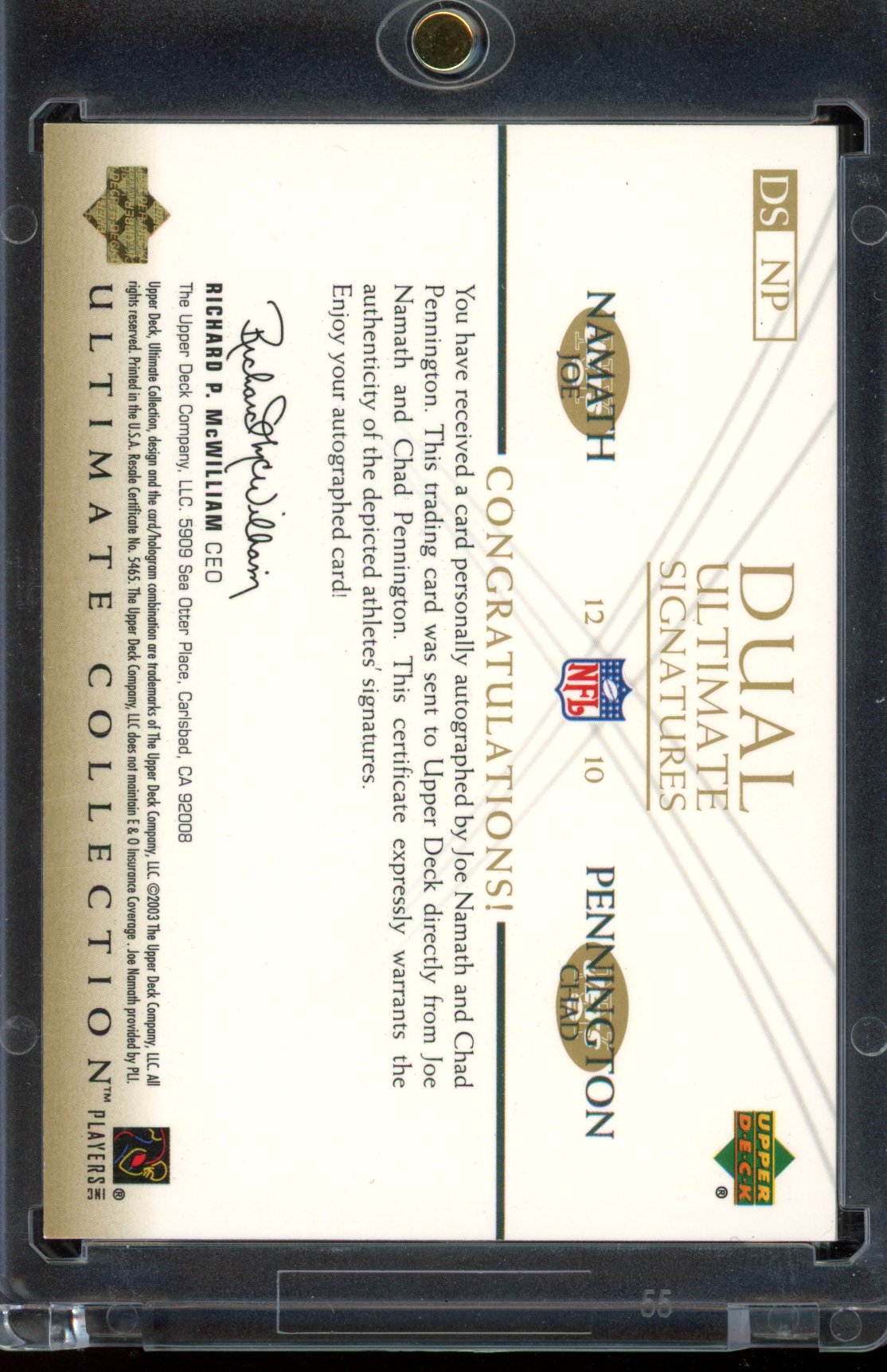 2003 Ultimate Joe Namath Chad Pennington Ultimate Signatures Auto 07/10