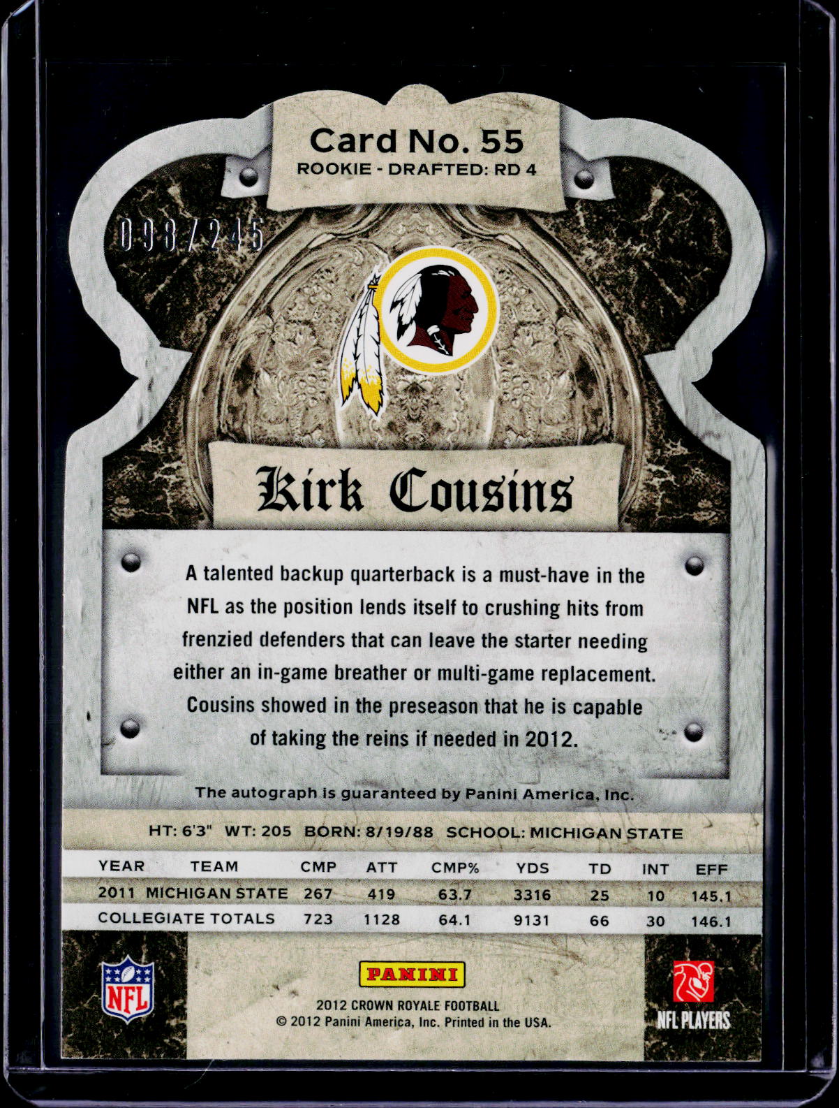 2012 Crown Royale Kirk Cousins Rookie Auto 098/245 RC