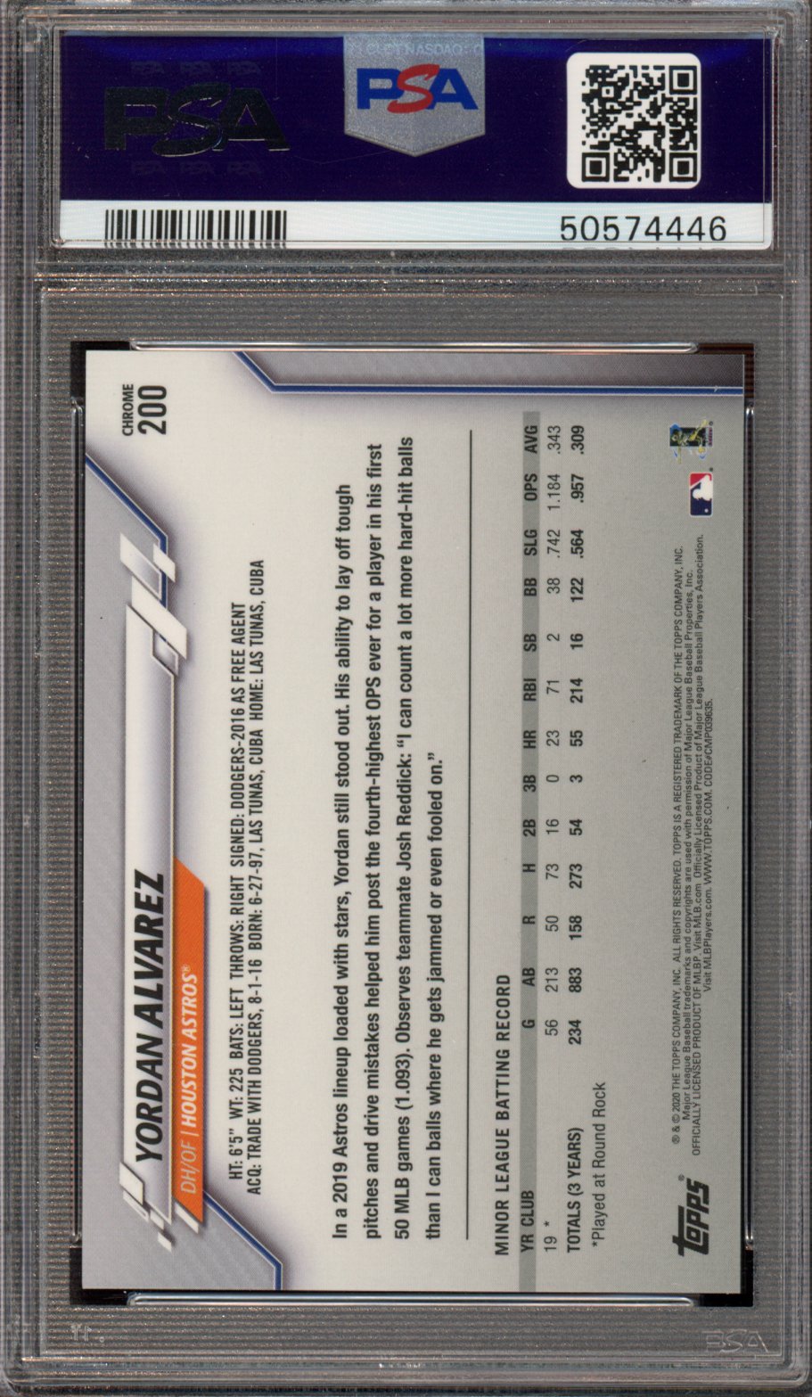 2020 Topps Chrome Yordan Alvarez Rookie SP PSA 10 RC