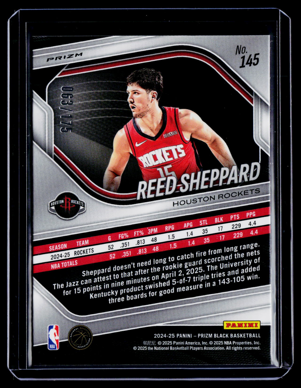 2024-25 Prizm Black Reed Sheppard Rookie White Prizm 63/175 RC