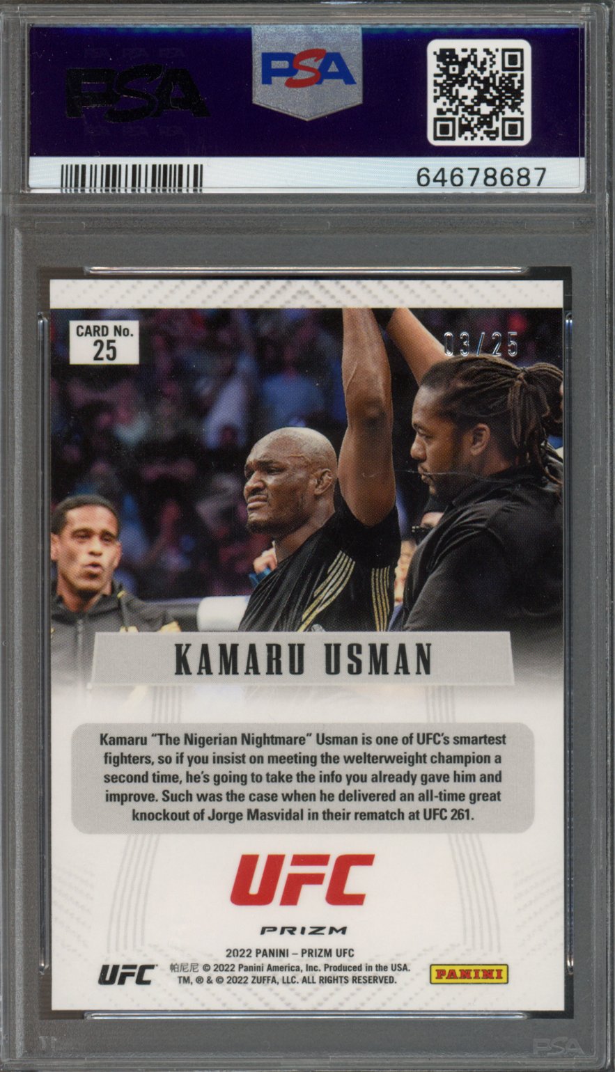 2022 Panini Prizm UFC Prizm Flashback Kamaru Usman #25 PR. Flashback Green Pulsar PSA 10
