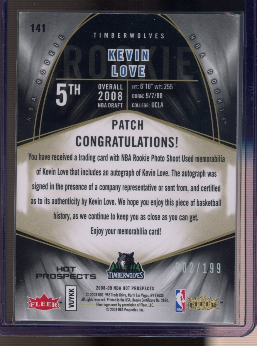 2008 Fleer Kevin Love Hot Prospects Rookie Patch Auto RC 02/199