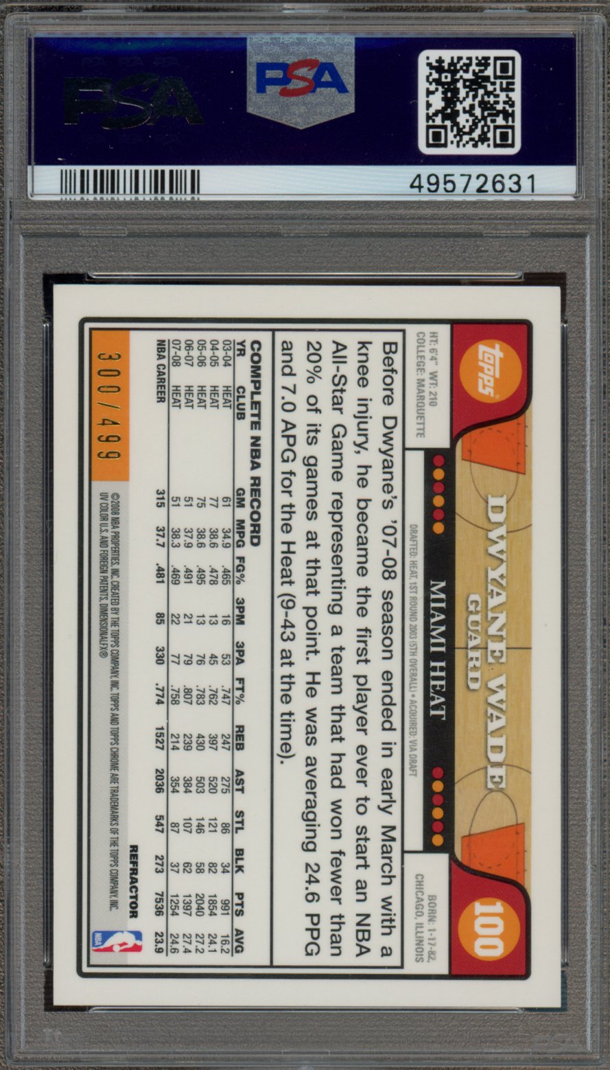 2008 Topps Chrome Dwyane Wade Orange Refractor 300/499 PSA 9