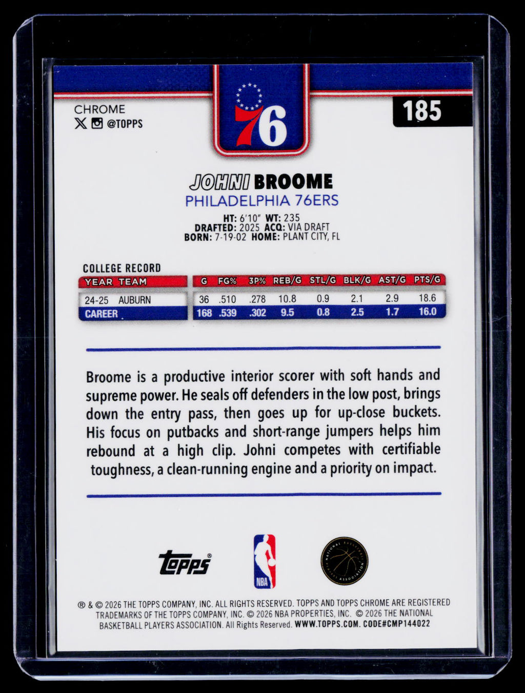 2025 Topps Chrome Update Johni Broome Rookie Orange Refractor 24/25 RC