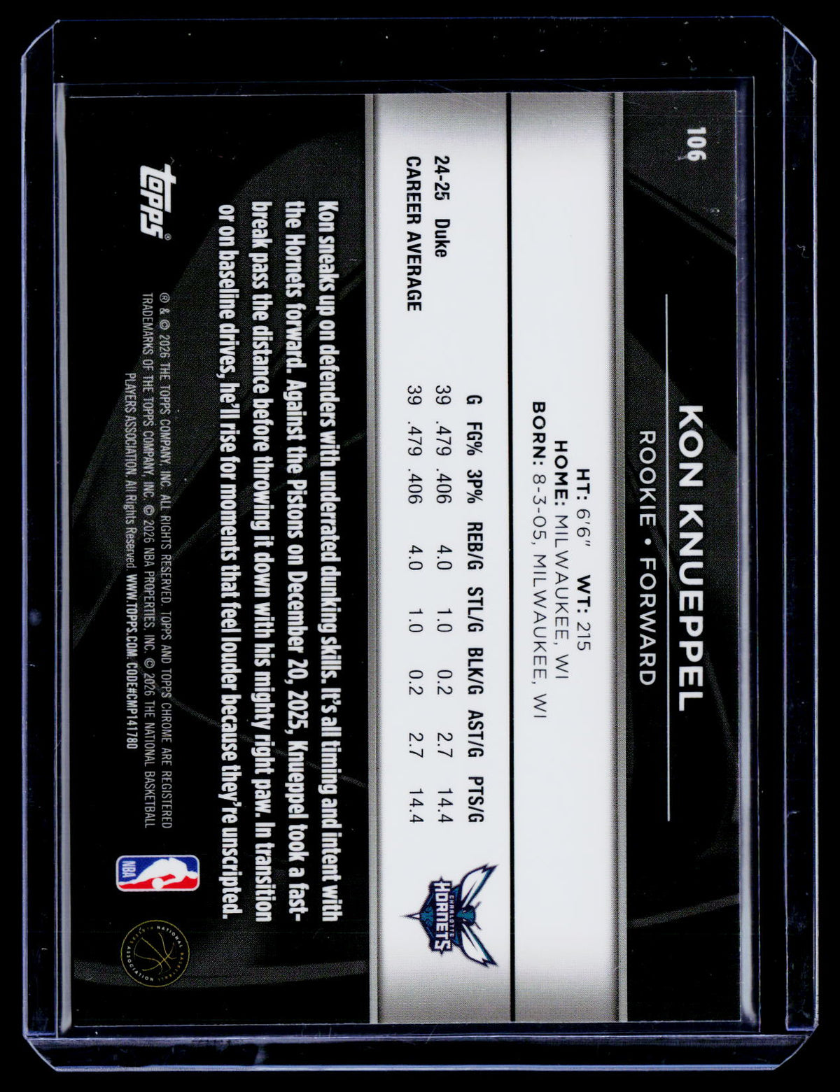 2025 Topps Chrome Black Kon Knueppel Rookie Image Variation RC