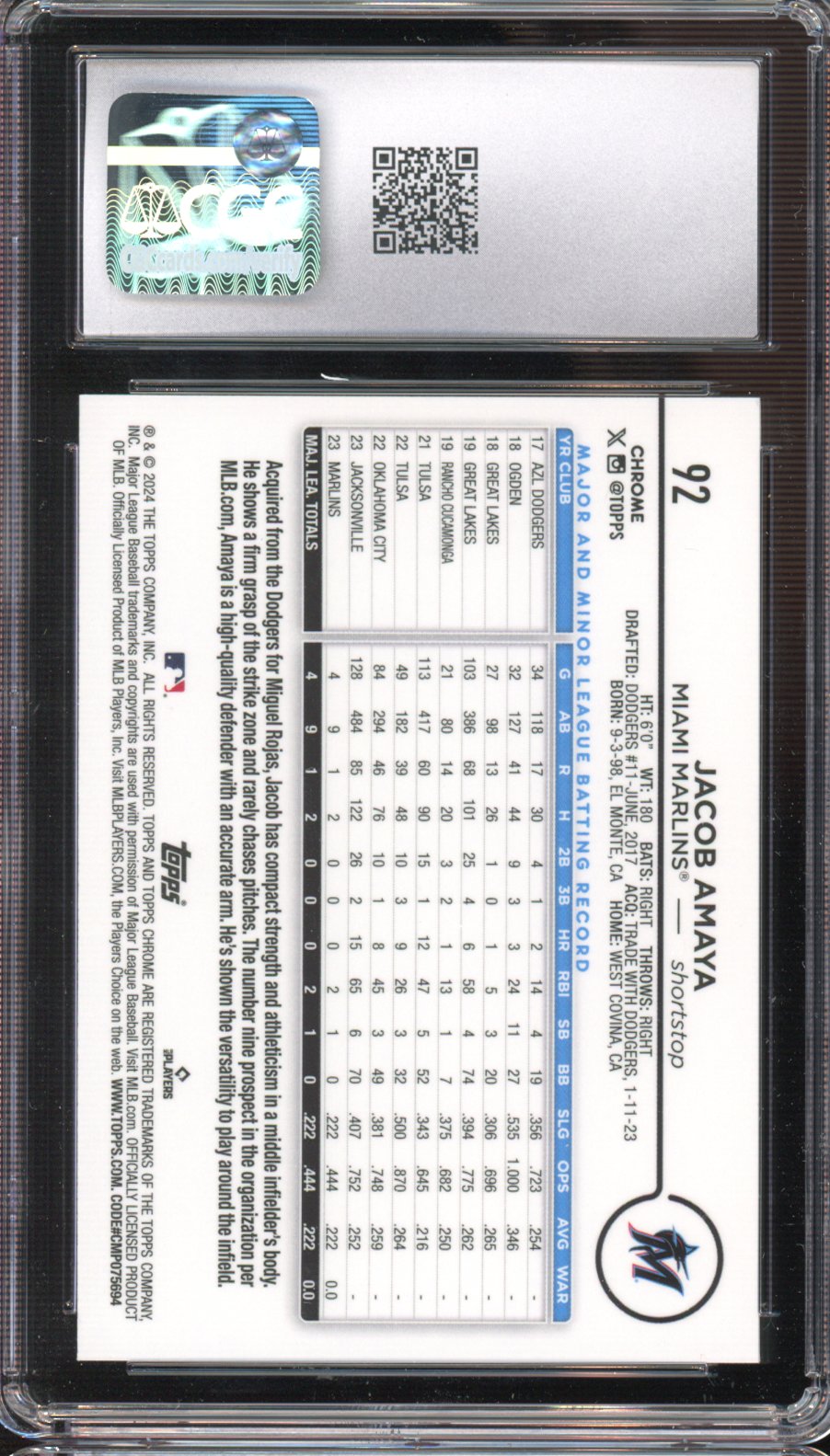 2024 Topps Chrome Jacob Amaya Rookie Magenta Speckle 57/350 CGC 10 RC