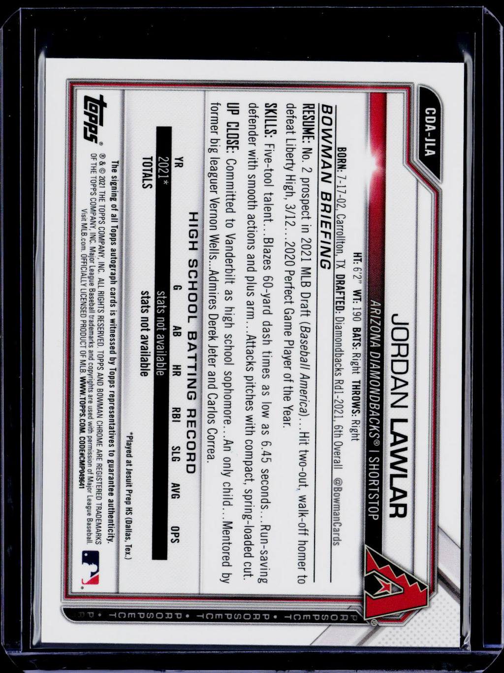 2021 Bowman Jordan Lawlar First Bowman Auto