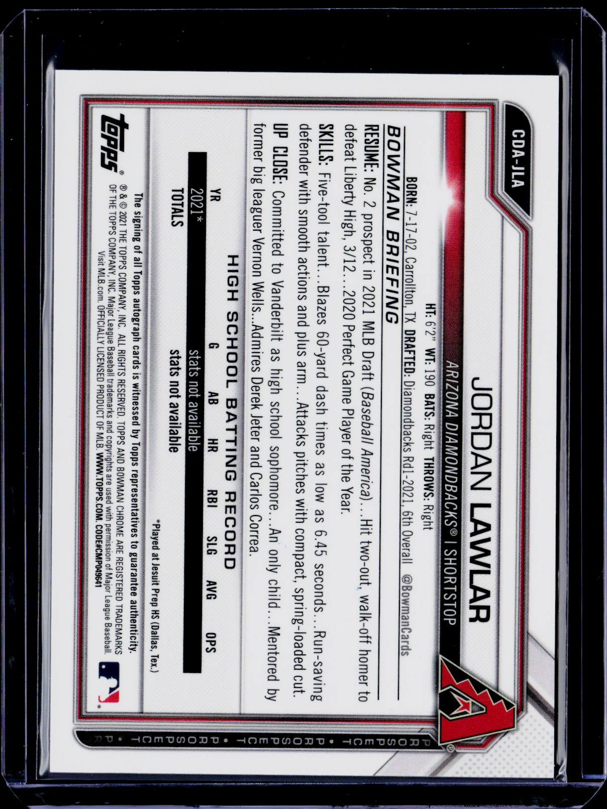 2021 Bowman Jordan Lawlar First Bowman Auto