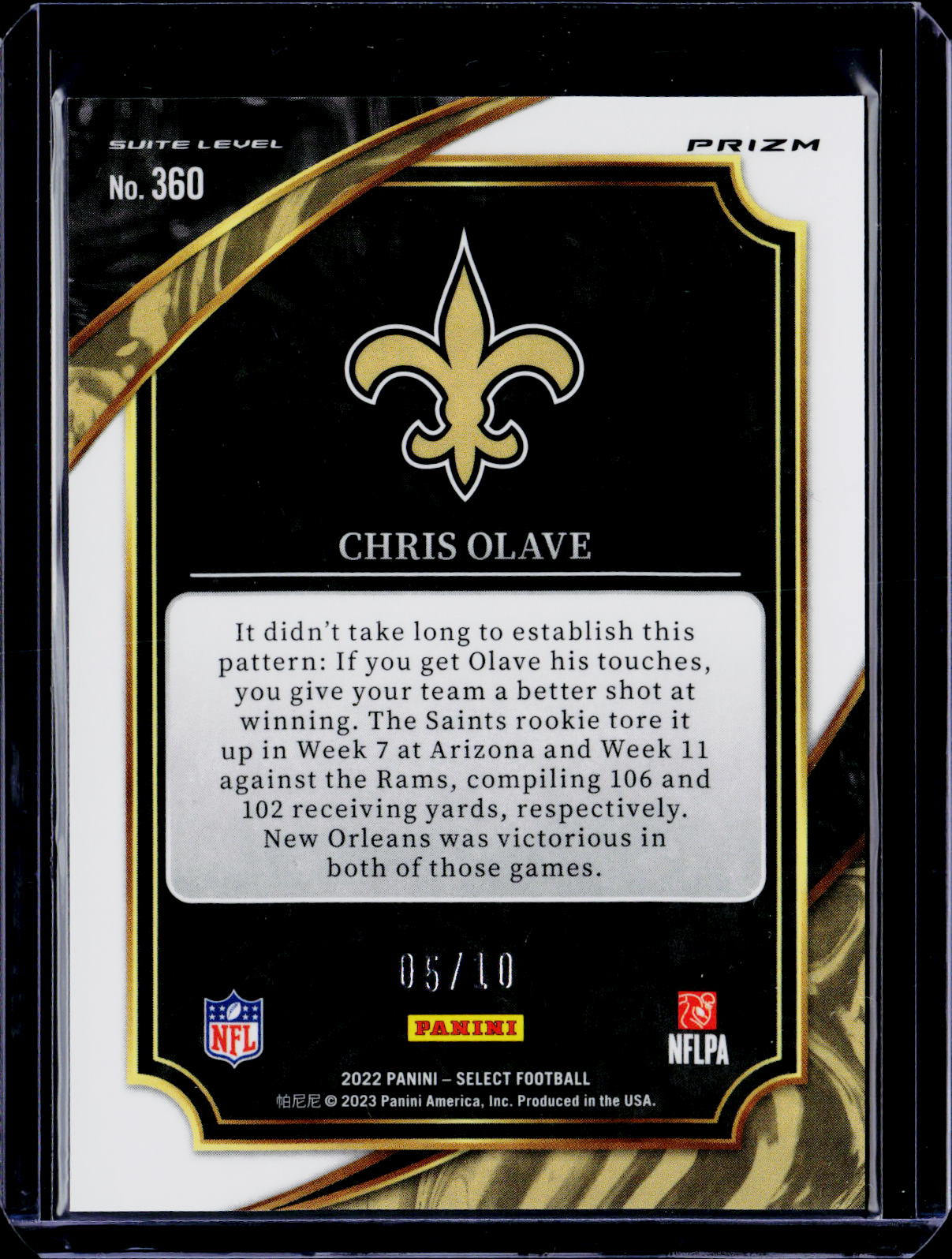 2022 Panini Select Chris Olave Rookie Suite Level Gold Disco 5/10
