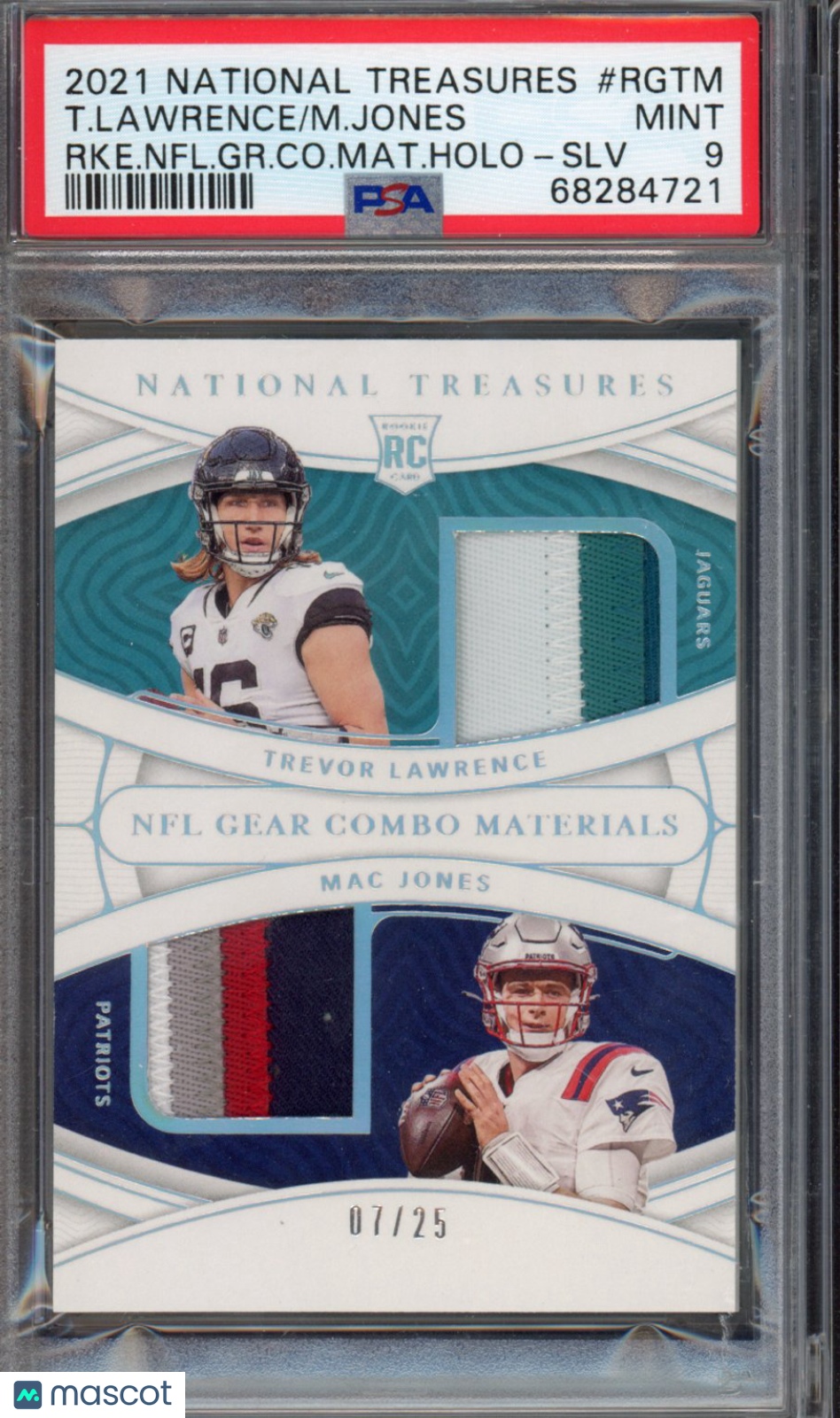 2021 Panini National Treasures Rookie NFL Gear Combo Materials M. Jones T. Lawrence #RGTM RKE. NFL. GR. Co. Mat. Holo SLV PSA 9