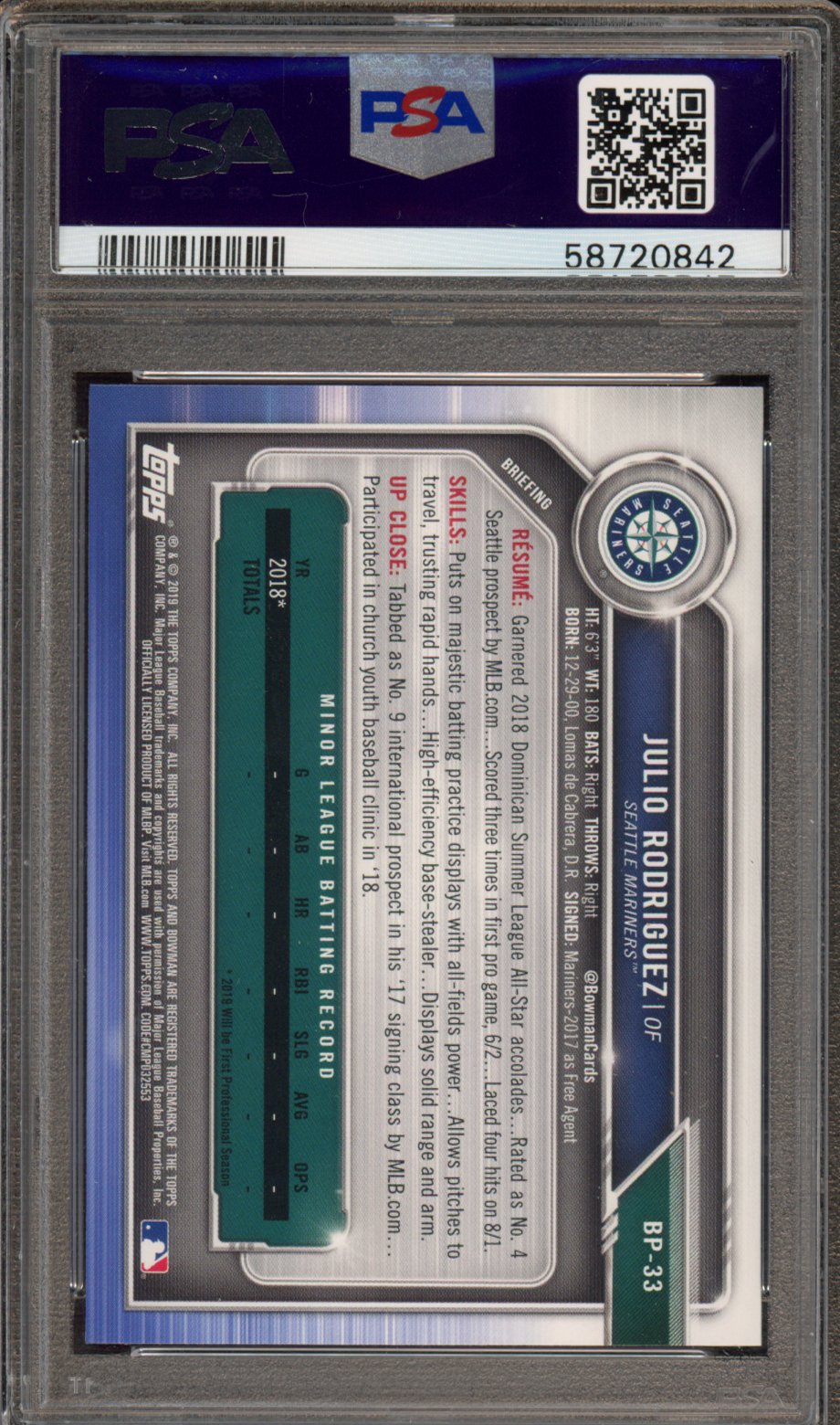 2019 Bowman Julio Rodriguez Paper 1st Bowman PSA 10