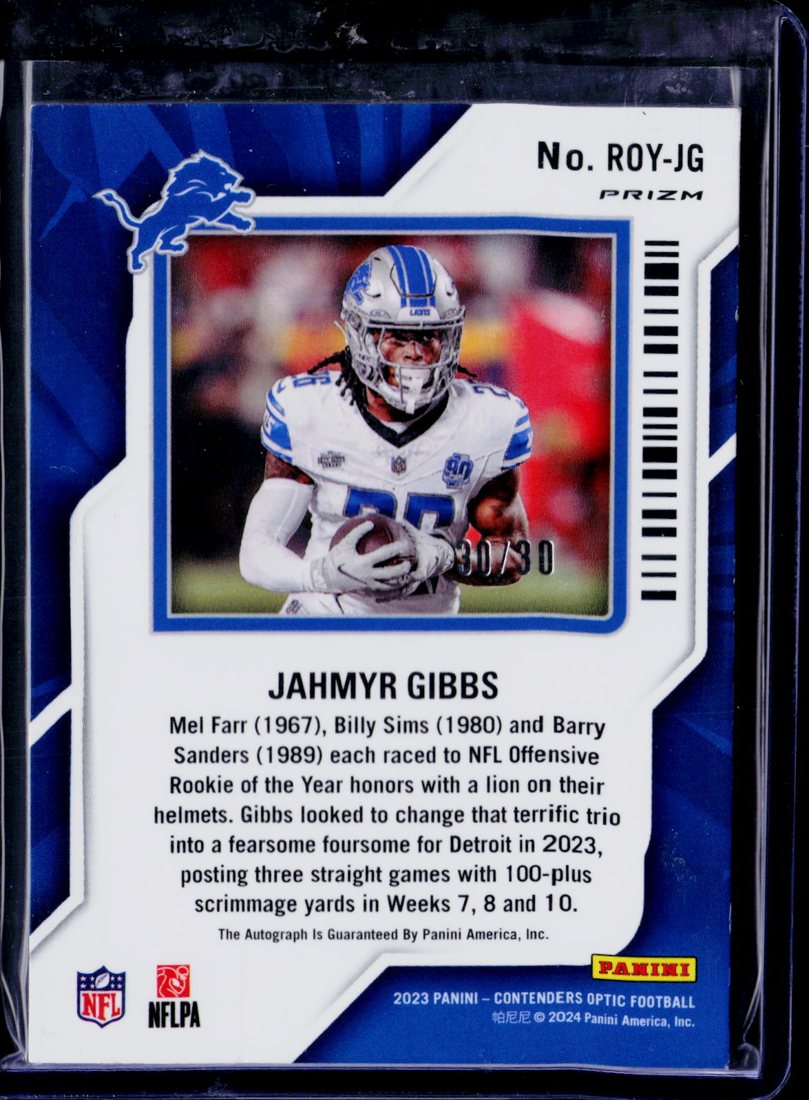 2023 Contenders Optic Jahmyr Gibbs Rookie Of The Year Auto Green Pulsar 30/30