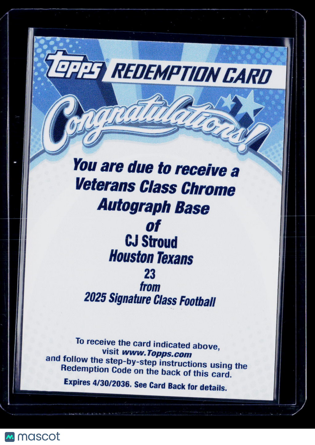 2025 Signature Class CJ Stroud Chrome Auto Base Unused Redemption