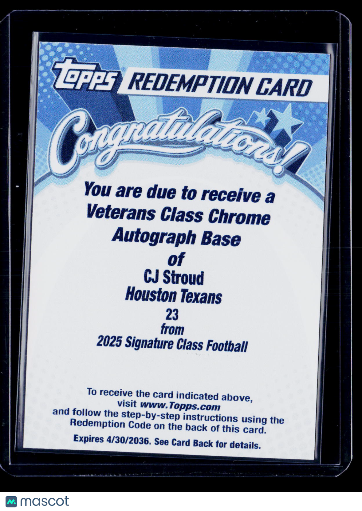 2025 Signature Class CJ Stroud Chrome Auto Base Unused Redemption