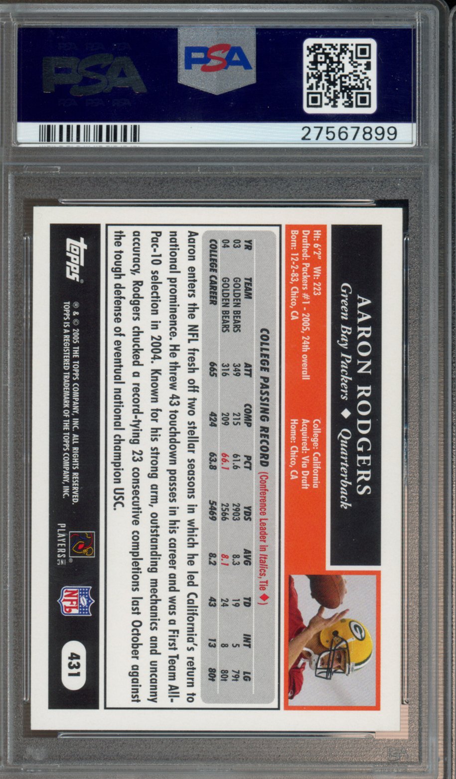 2005 Topps Aaron Rodgers Rookie PSA 10 RC