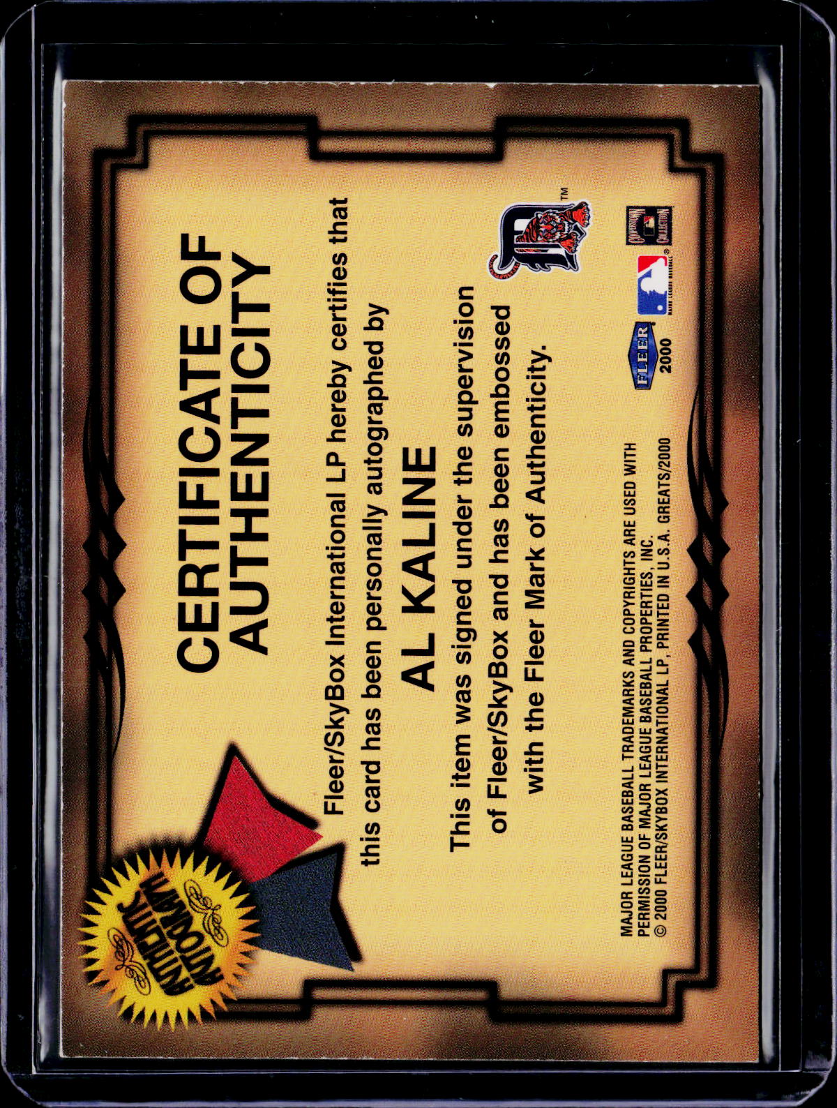 2000 Fleer Al Kaline Greats Of The Game Auto