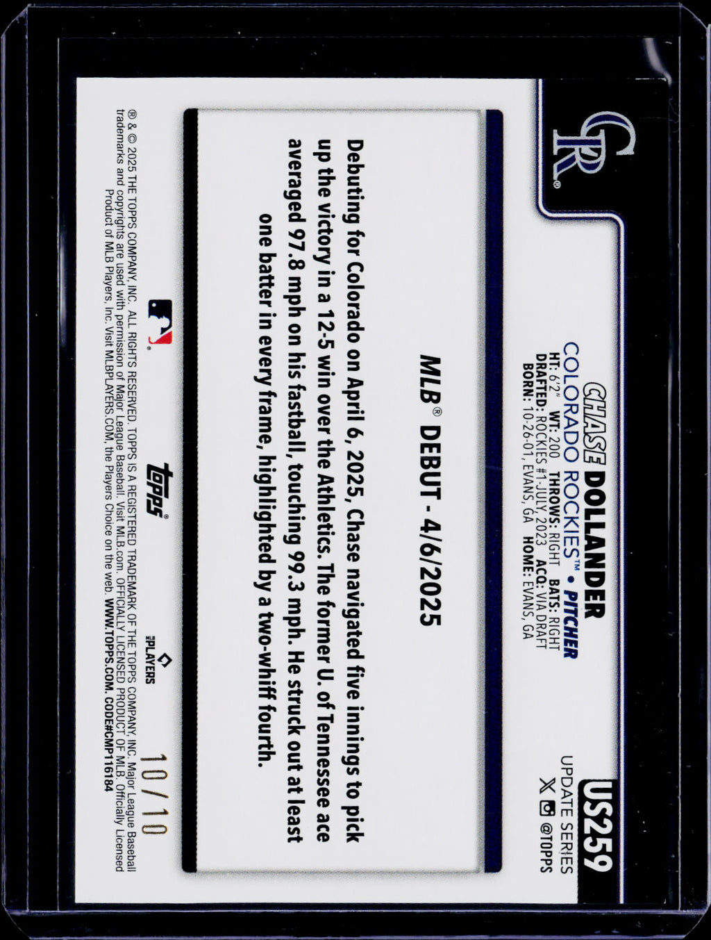 2025 Topps Update Chase Dollander Rookie Black Glitter 10/10 RC