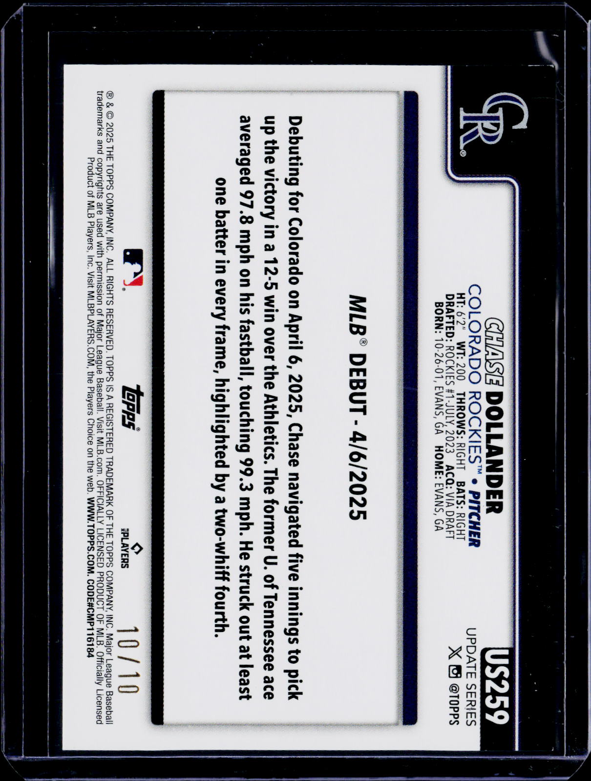 2025 Topps Update Chase Dollander Rookie Black Glitter 10/10 RC
