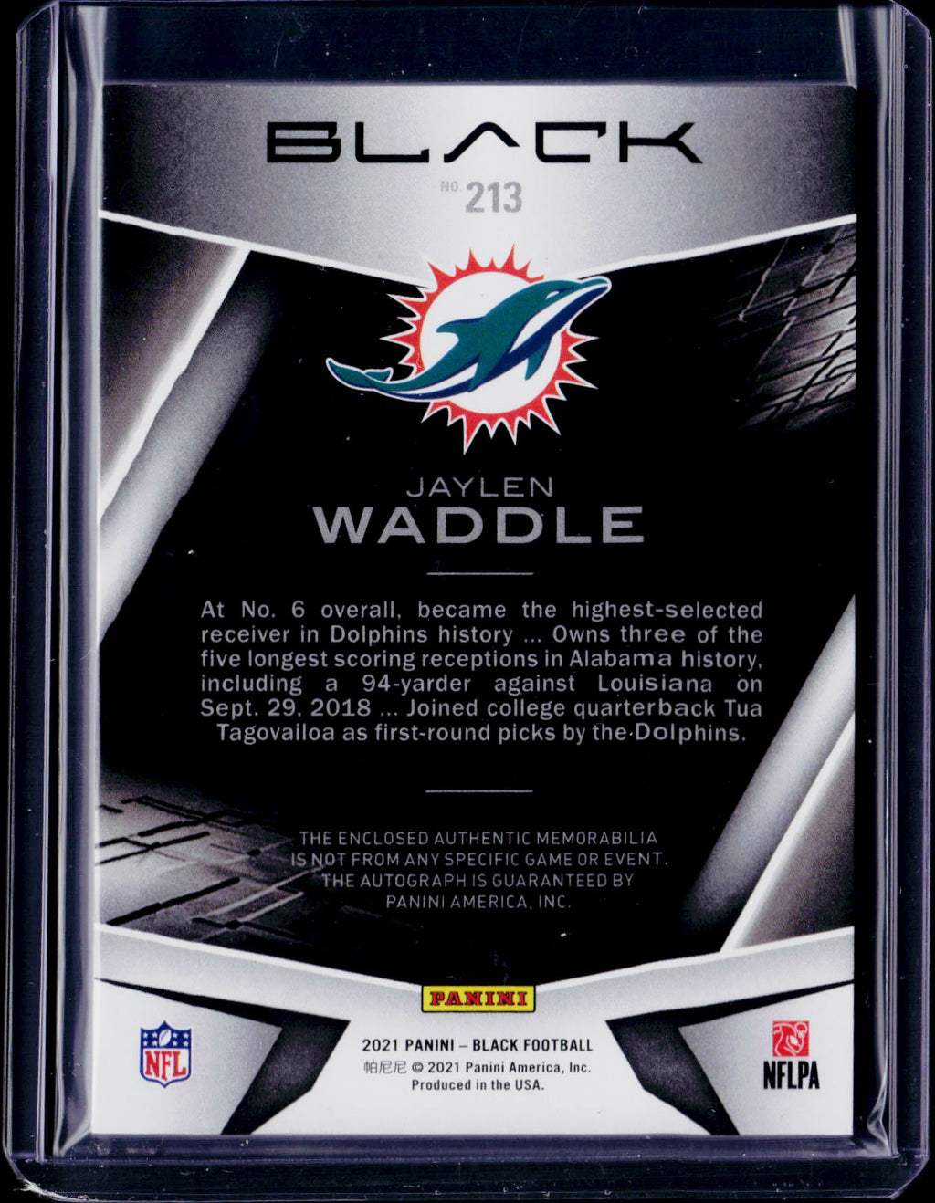 2021 Panini Black Jaylen Waddle Rookie Patch Auto 017/199 JERSEY MATCH RC