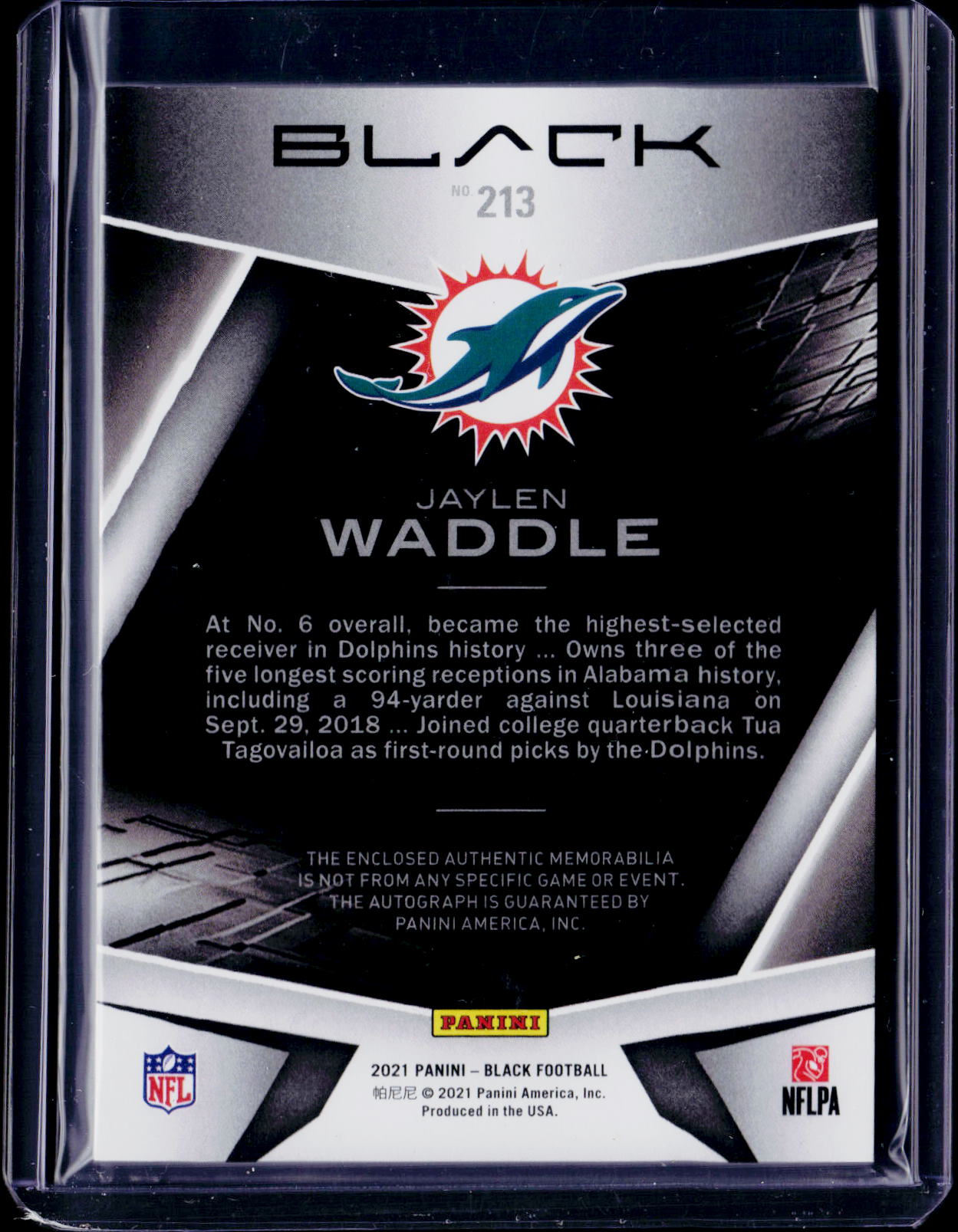 2021 Panini Black Jaylen Waddle Rookie Patch Auto 017/199 JERSEY MATCH RC