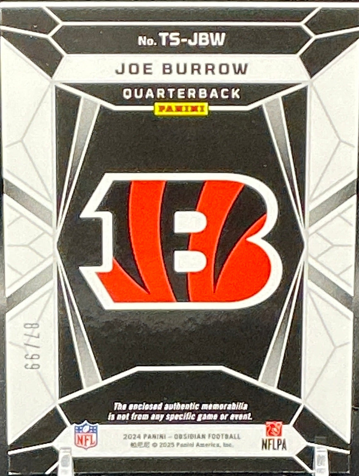 2024 Obsidian Joe Burrow Trifecta Game Worn Patch 87/99