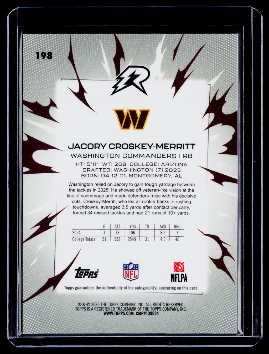 2025 Topps Finest Jacory Croskey-Merritt Rookie Gold Surge Auto 48/50 RC
