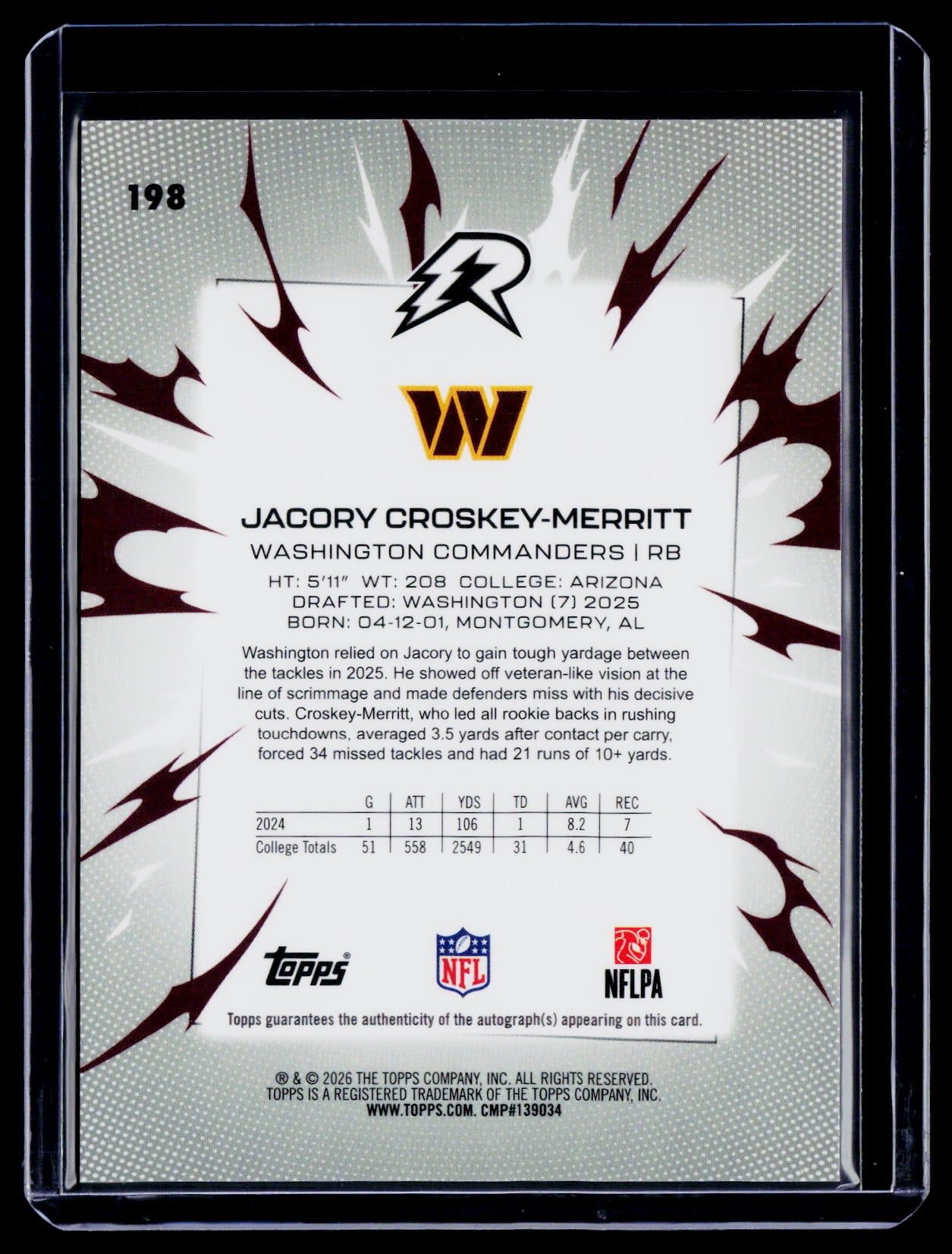 2025 Topps Finest Jacory Croskey-Merritt Rookie Gold Surge Auto 48/50 RC