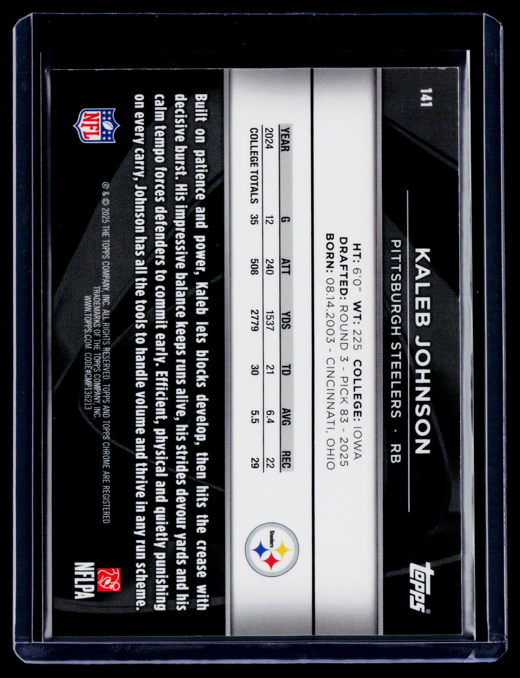 2025 Topps Chrome Black Kaleb Johnson Rookie Gold Mini Diamond 13/50 RC