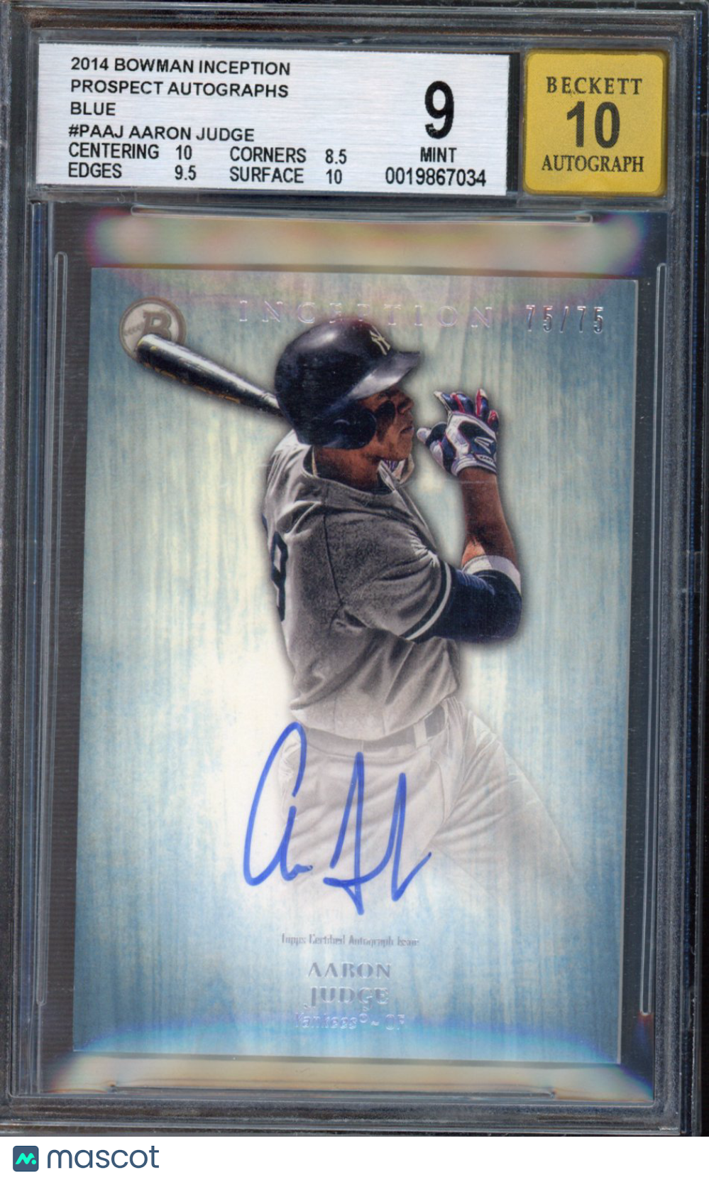 2014 Bowman Inception Aaron Judge Blue Auto 75/75 BGS 9 Auto 10