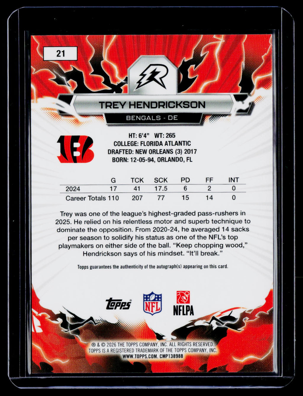 2025 Topps Resurgence Trey Hendrickson Orange Surge Auto 1/25
