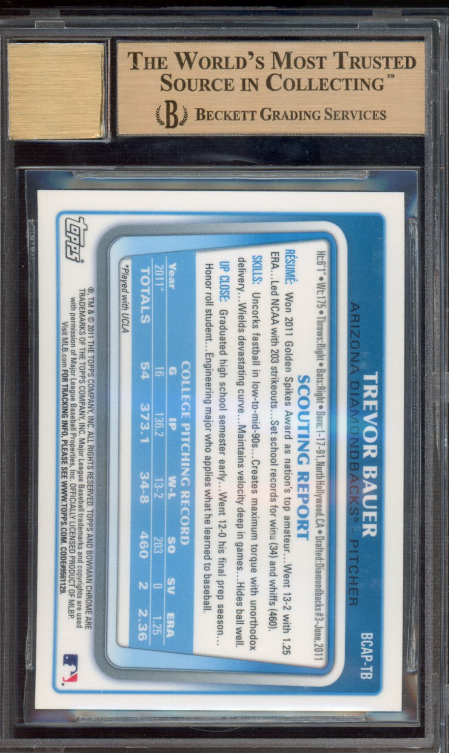 2011 Bowman Chrome Draft Trevor Bauer Prospect Autograph BGS 9.5