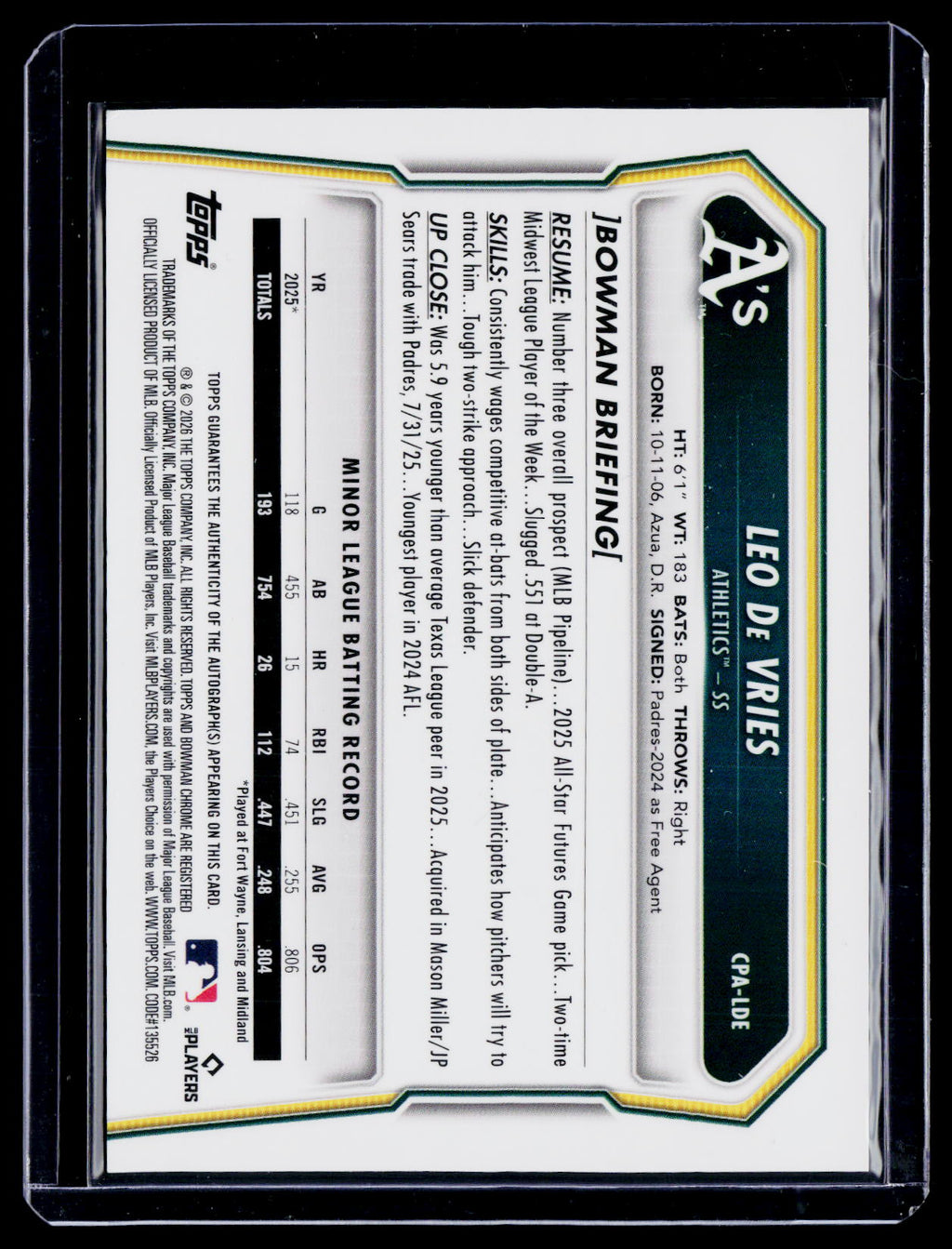 2026 Bowman Leo De Vries Speckle Auto 124/299